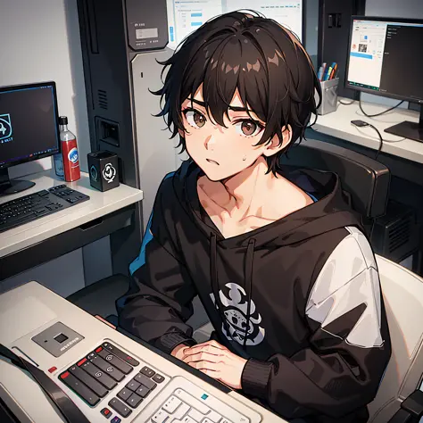 "A boy with short, wavy, dark hair, wearing a white sweatshirt and black sweatpants, sitting in front of a gaming computer, dark...