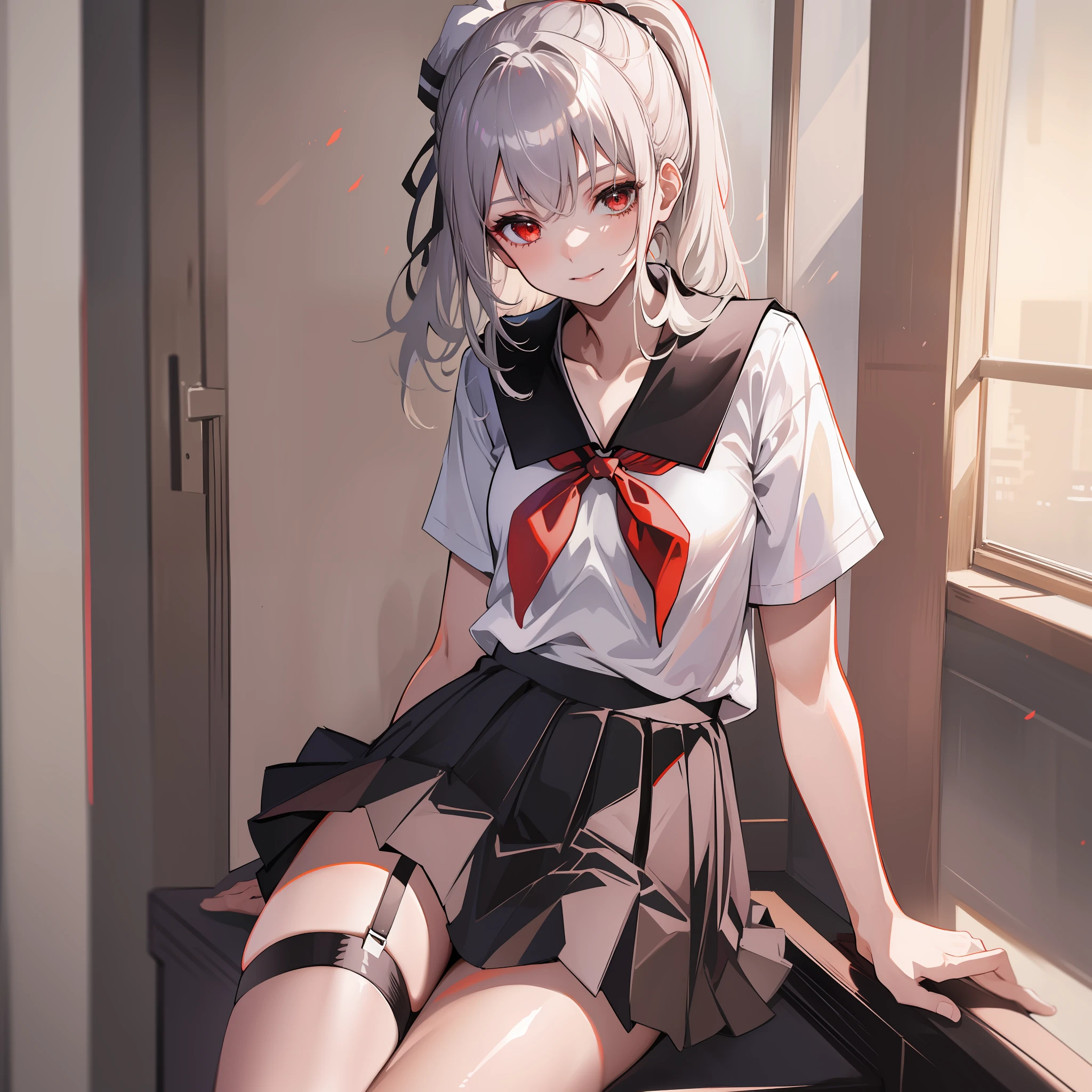 (name), ((highest quality)), (super detail), 1 girl, silver hair, ponytail, school, classroom, open legs, skirt between the crotches, red panties, brown eyes, 15 years old, garter belt, , skirt, socks, seraphku, neckerchief, sailor collar, pleated skirt, white socks, black skirt, short sleeves, shirt, white shirt, Black sailor color, blue neckerchief, evil smile, bangs, small breasts, cleavage, perfect hands, hand detail, fixed fingers, looking_al_Viewer, top quality, rich detail, perfect image quality,