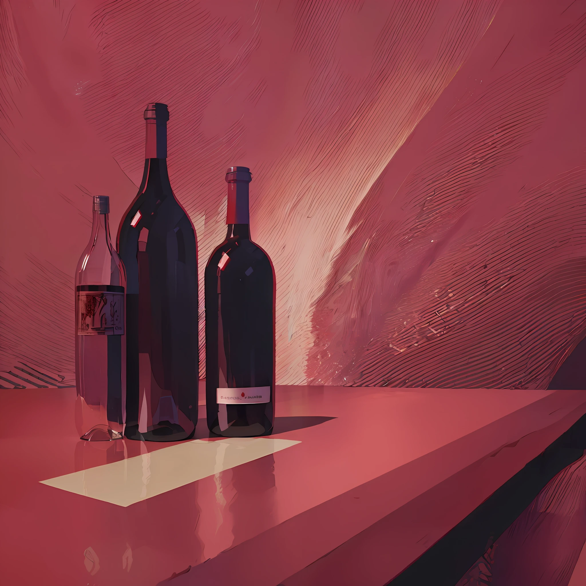 there are three bottles of wine sitting on a table, wine, inspired by David Ligare, red wine, by Joop Sanders, red realistic 3 d render, rendered in pov - ray, digital render, ( ( ( ( 3 d render ) ) ) ), wine bottle, bottles, by David Ligare, by Pamela Ascherson, by Morris Kestelman