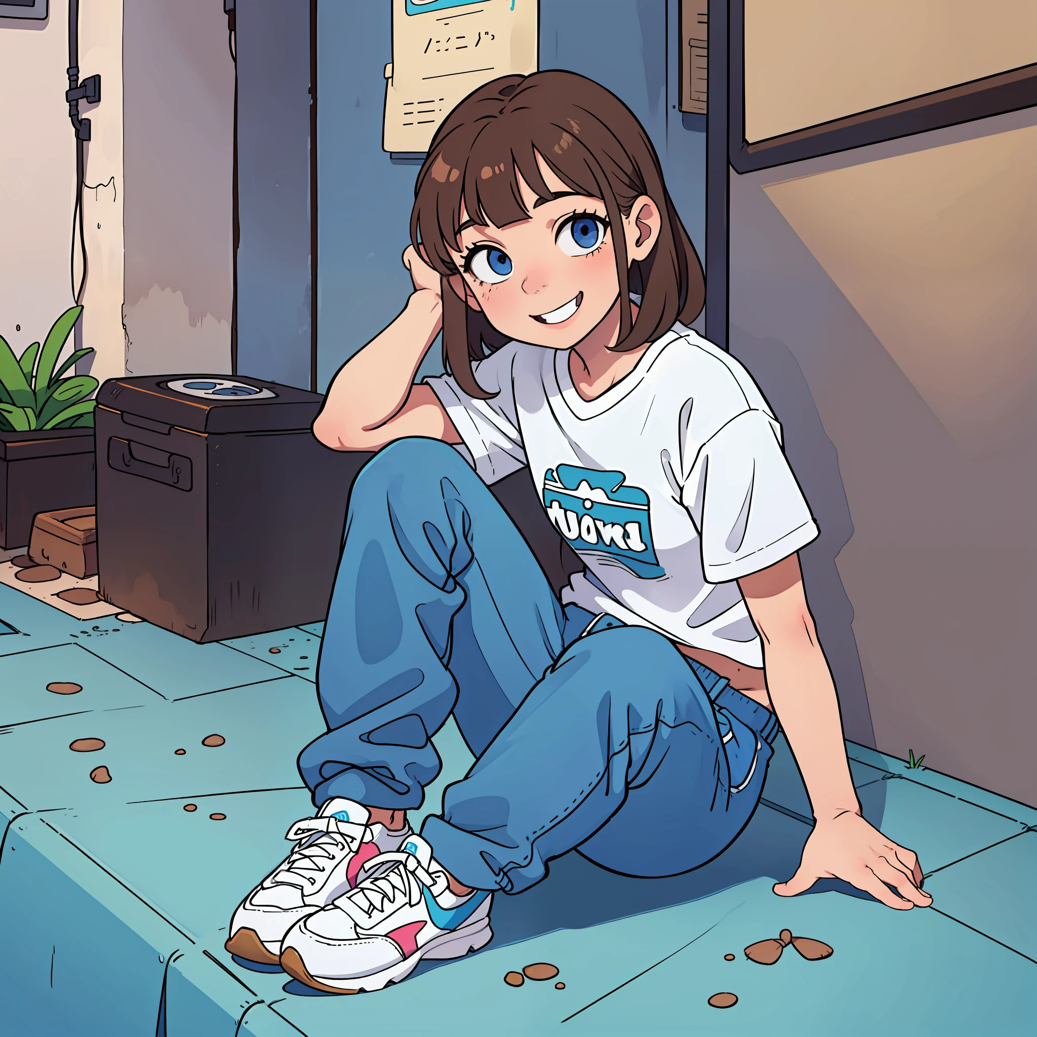 Laura is a , has brown hair and blue eyes, is smiling and cheerful, wears pants, T-shirt and sneakers, is a beautiful girl ((full body image))