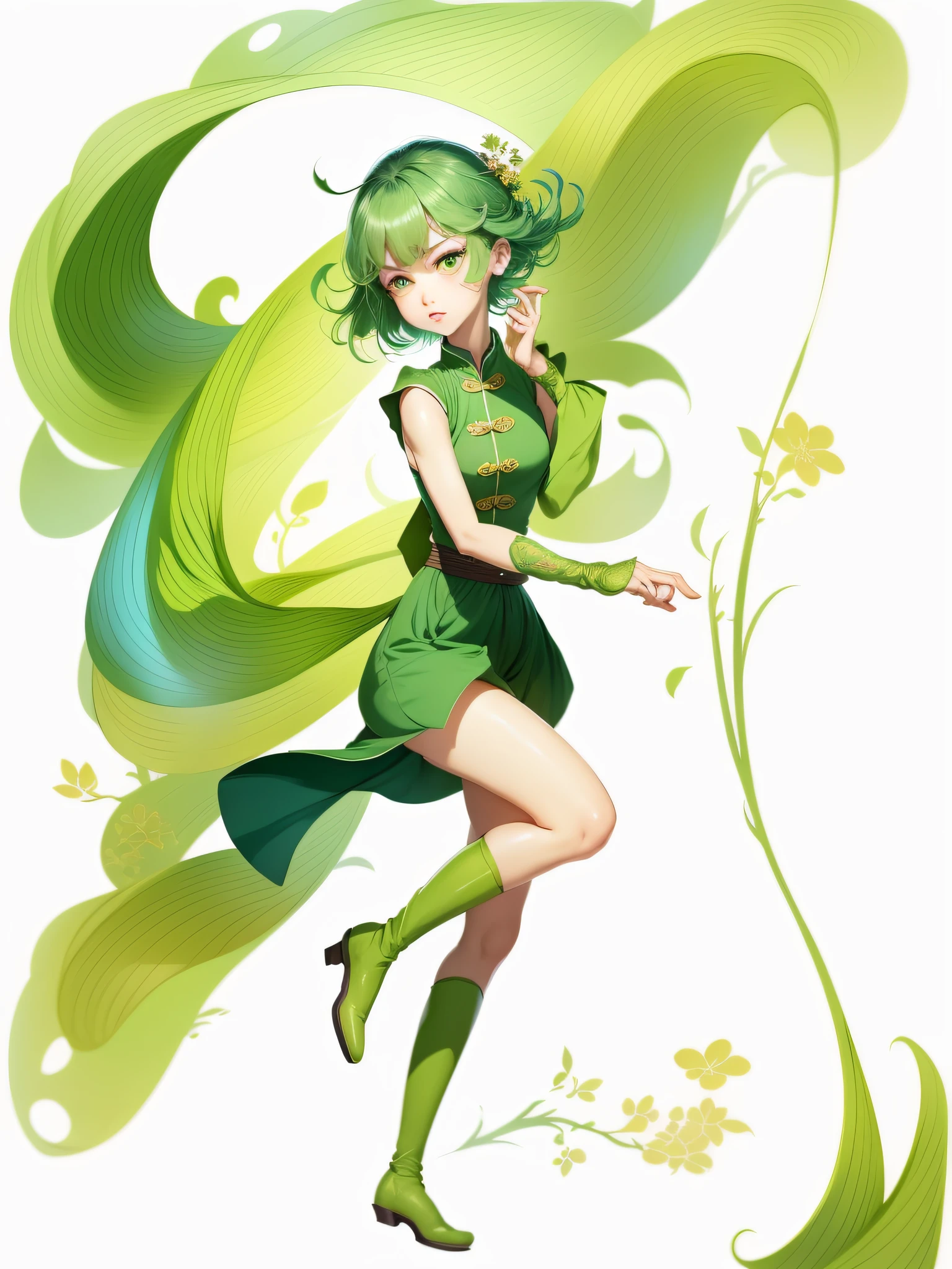 drawing of a woman in a green dress and green boots, colored sketch, inspired by Gao Qipei, full color drawing, inspired by Gai Qi, high quality colored sketch, inspired by Gao Xiang, full body portrait of a short!, inspired by Dai Xi, colored drawing, cel shaded!!!, inspired by Ren Xiong, inspired by Wen Jia