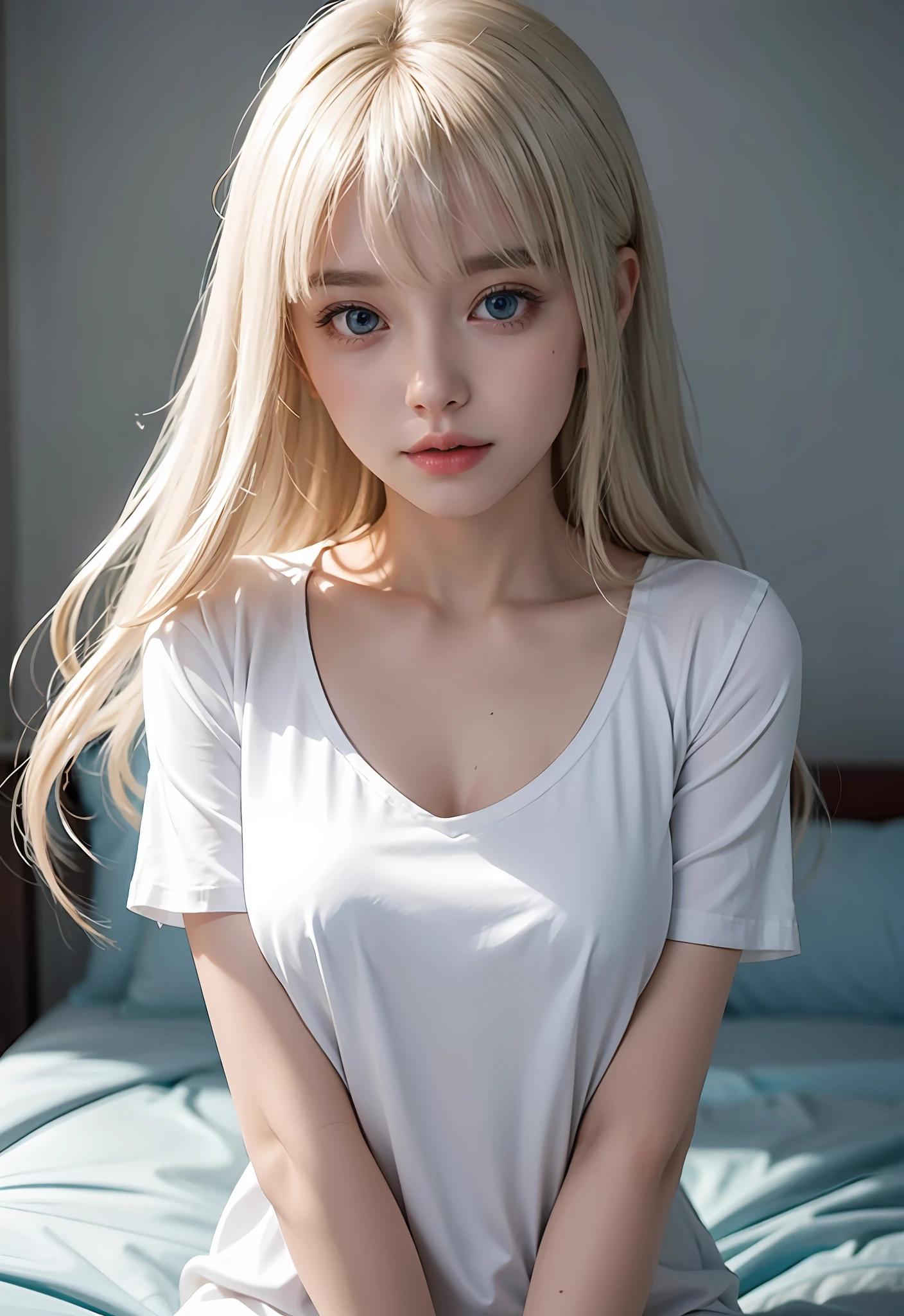 Sexy and very beautiful face, slightly larger breasts, shiny shiny white shiny skin, long bangs between eyes, shiny beautiful silky platinum blonde, super long straight silky hair, beautiful 12 years old, beautiful cute light blue big eyes close to white, beautiful and nice cute girl, baby face, short sleeve shirt