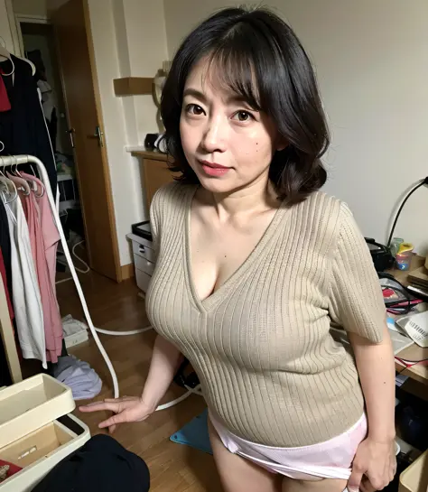 ((Best Quality, 8k, Masterpiece: 1.3)), Photorealistic, Sharp Focus, High Quality, High Definition, Portrait, Solo, Japan, Middle Aged Woman, Beauty, Clothes with Cleavage Visible, 47 years old, Plump, Wavy Hair, Shirt, Wrinkles at the corners of the eyes,...
