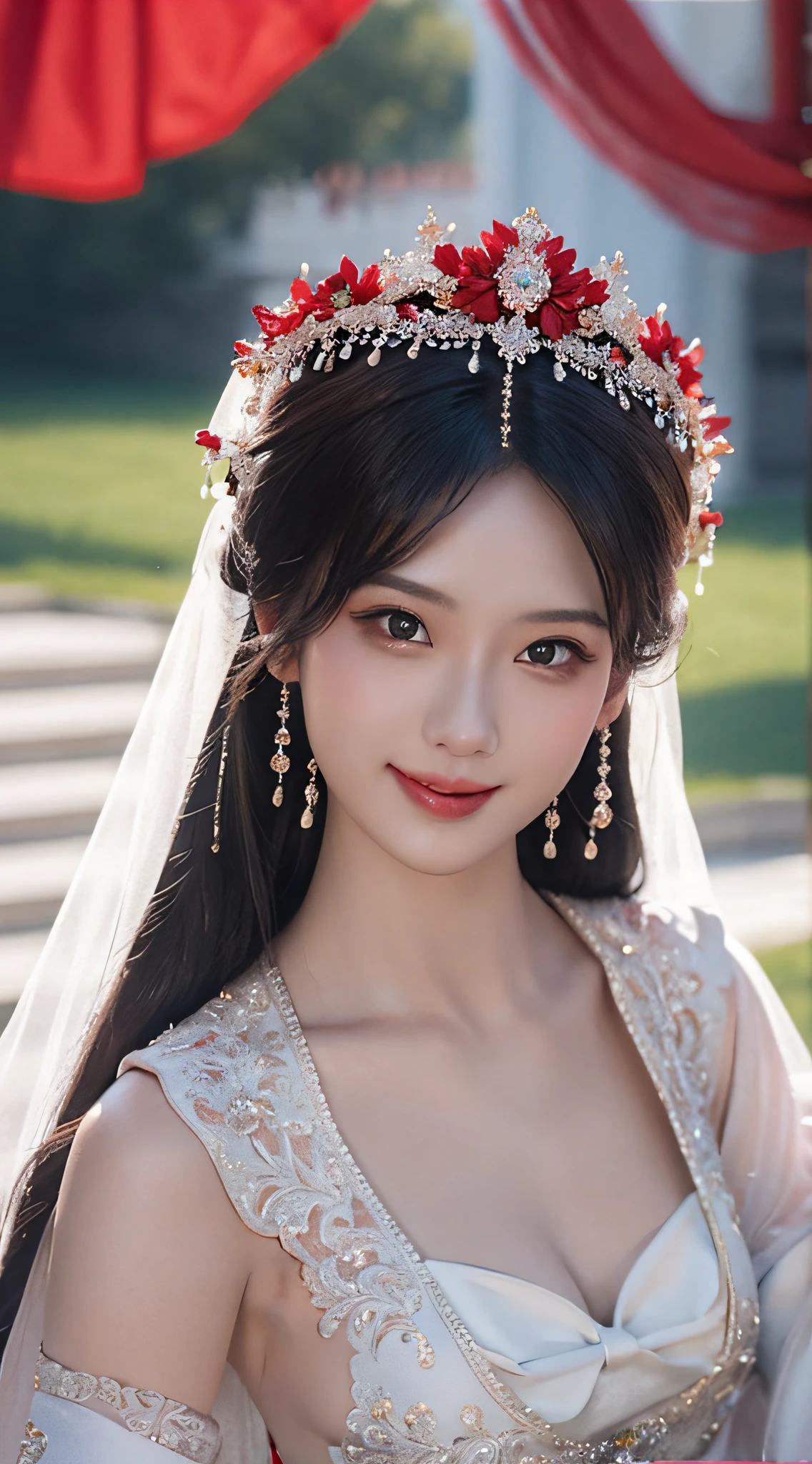 Wedding beauty, character details refinement, wedding dress detail refinement, photomicrograph, high angle, soft light photo, oriental classical beauty, hair bundle, towering headdress, red bridal wedding dress, red hijab, real three-dimensional, smile