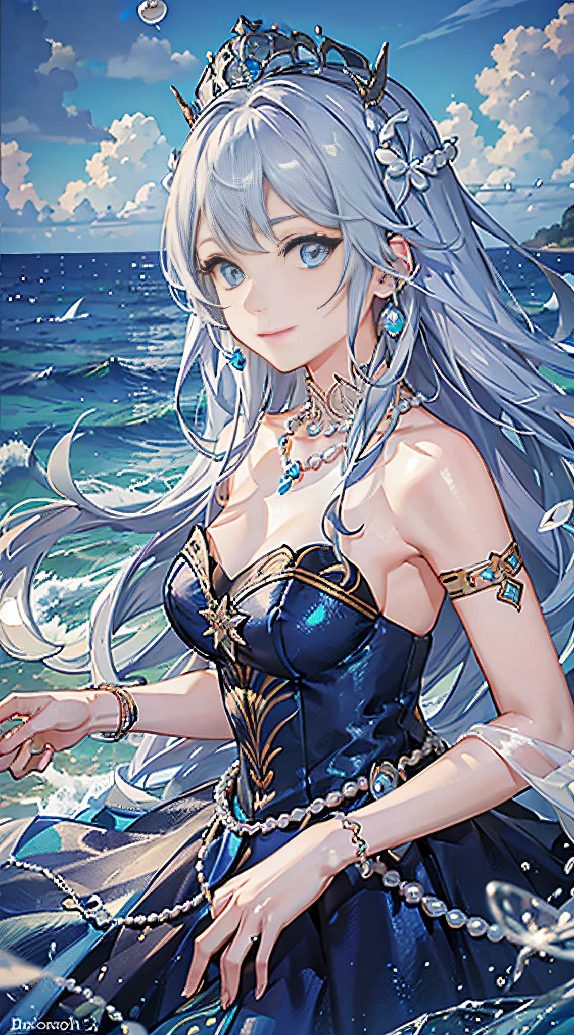 ((Best picture quality, best, girl), (dress, white crown, necklace, pearls, accessories AND intricate details strapless), (one person, ocean, waves, sea, fish, boat#on board), ((blue Color: 1.3, sea blue, long hair, blue eyes): 1.2), headgear: 1.2, neon mystery, fantasy: 0.8, [movie lens, strong light and shadow: 1.2, glow effect])]