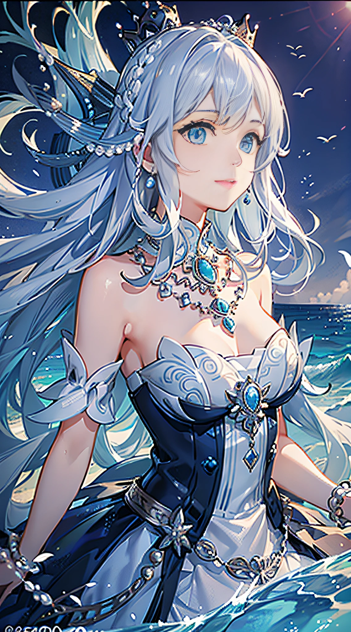 ((Best picture quality, best, girl), (dress, white crown, necklace, pearls, accessories AND intricate details strapless), (one person, ocean, waves, sea, fish, boat#on board), ((blue Color: 1.3, sea blue, long hair, blue eyes): 1.2), headgear: 1.2, neon mystery, fantasy: 0.8, [movie lens, strong light and shadow: 1.2, glow effect])]