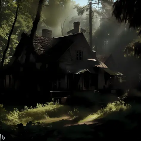 there is a house in the woods with a horse in the yard, photorealistic dark concept art, forgotten and lost in the forest, the house in the forest, highly realistic concept art, inspired by senior environment artist, abandoned, photorrealistic concept art,...