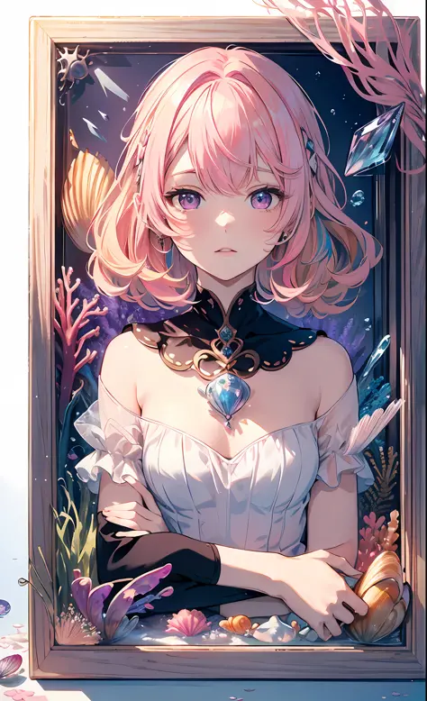 (Masterpiece, Top Quality, Best Quality, Official Art, Beautiful and Aesthetic: 1.2), (White Wood Box resembles glass case, with Under the Sea image),sitting cute girl with (((Blonde and Pink Hair), Purple Clear Eyes,Layered Bob)), on the (crystal shellfis...