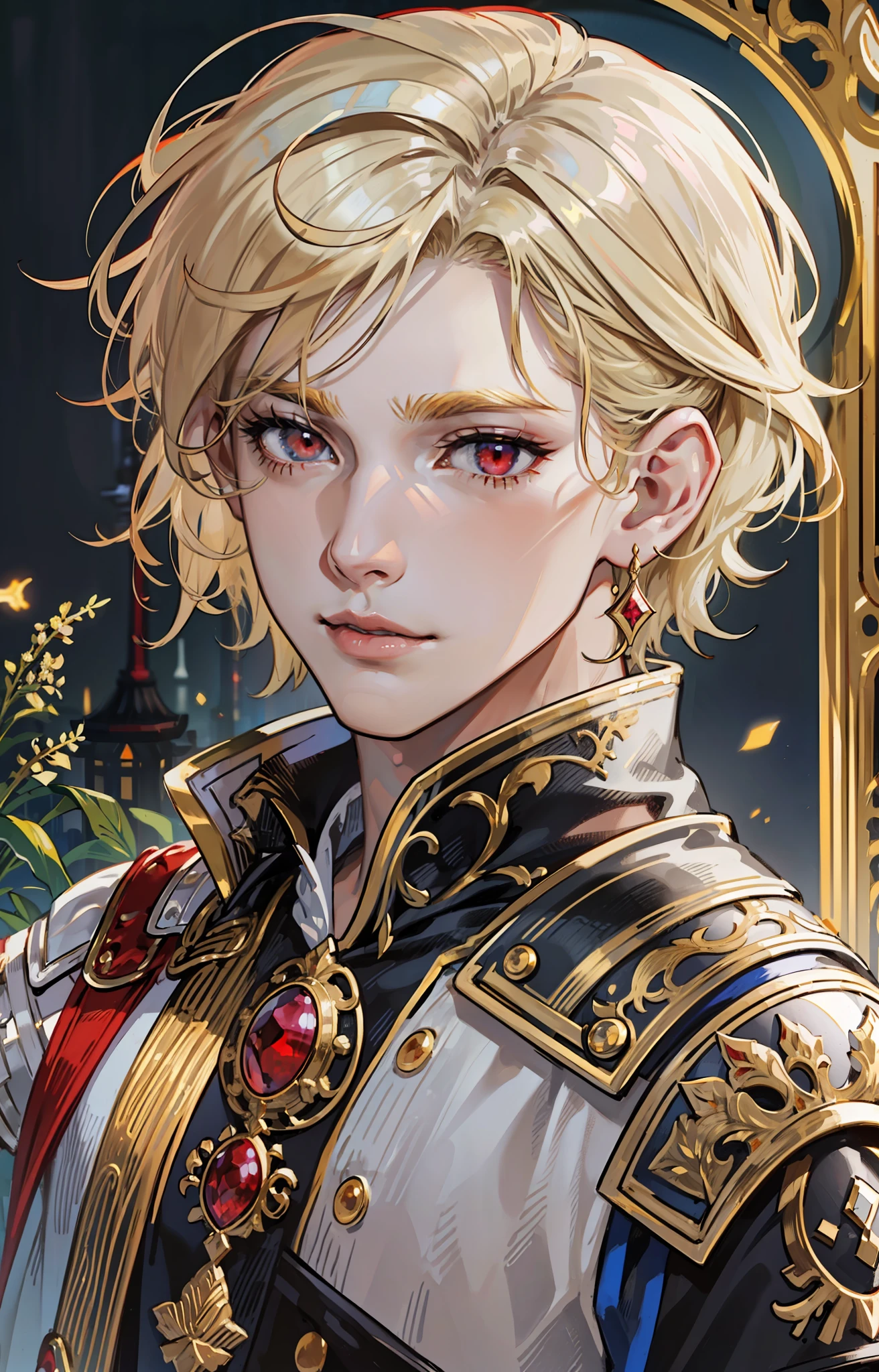 kk, best quality, more details, masterpiece, 1 boy, portrait, male focus, ruby red eyes, solo, straight bangs, look at the viewer, noble clothes, short and straight hair, ((fantasy city, palace))), highlights, (holding a silver sword), (((blond hair, gold, straight cut over shoulders, STRAIGHT))), luxurious, 8k, detailed, ray tracing, depth of field, cinematic lighting,