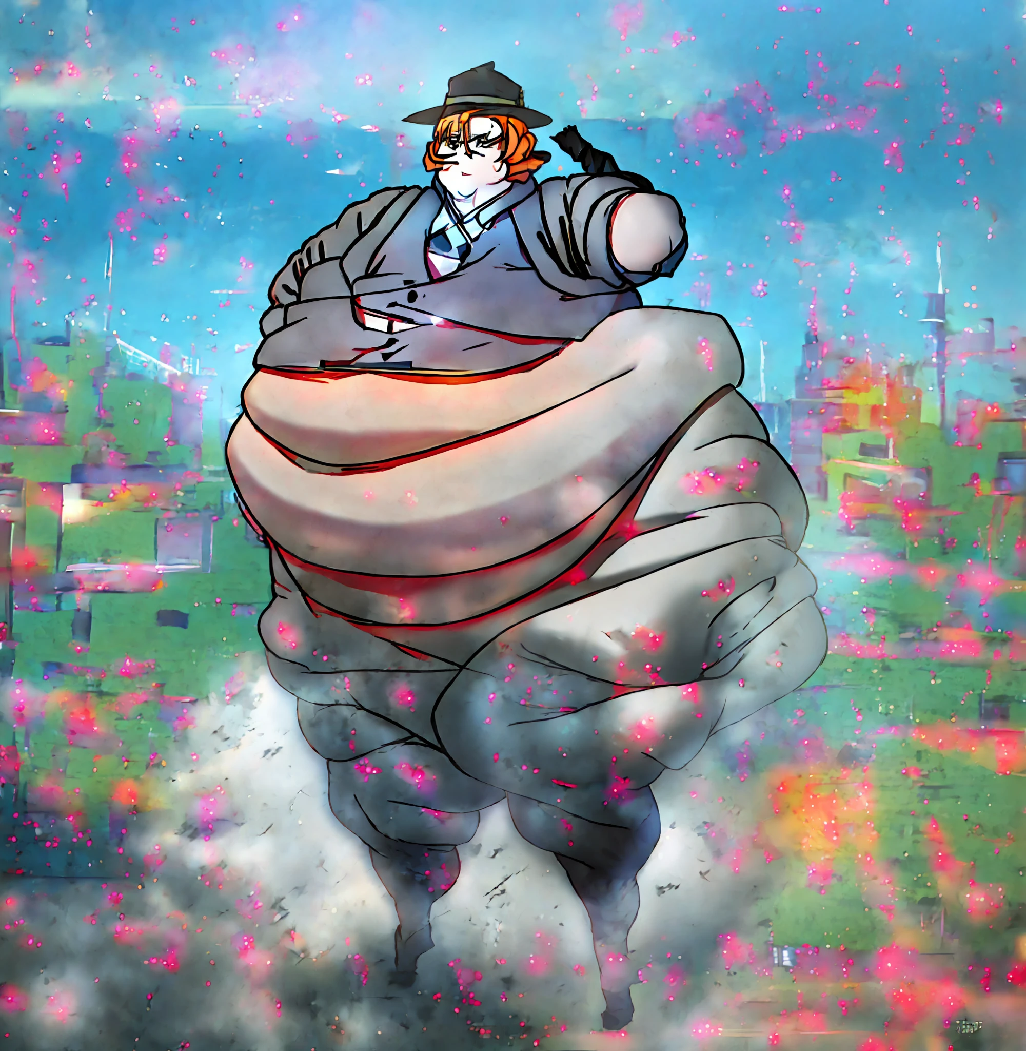 A cartoon of a man in a suit and hat riding a fat fat man - SeaArt AI