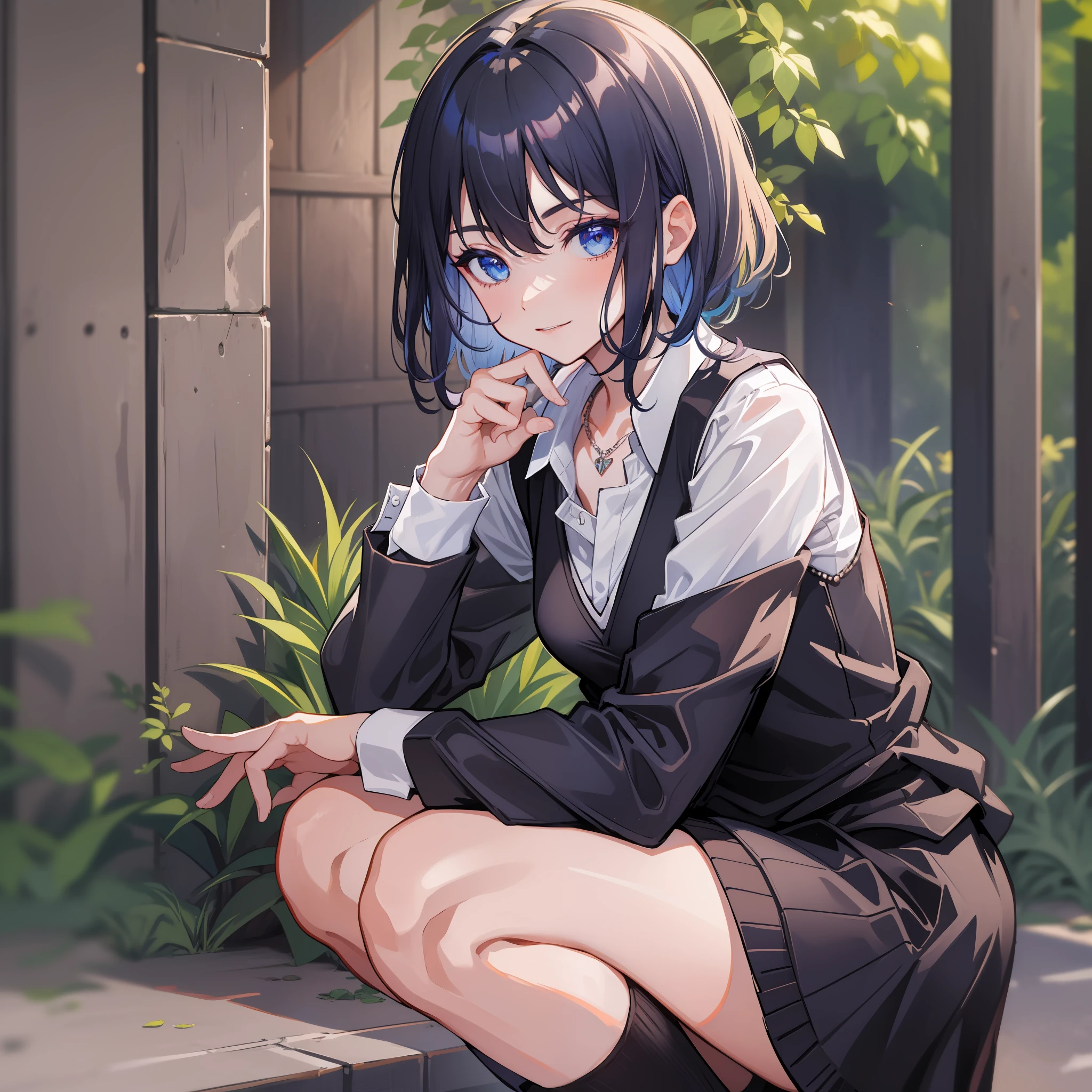 (Fame), ((highest quality)), (super detail), 1 girl, dark blue hair color, short hair, on the fence, squatting, white panties, hair between the eyes, dark blue eyes, hair ornament, chest, , collared shirt, hairshed, clothes around the waist, bangs, black socks, black vest, long hair, long sleeves, cardigan, side lock, knee high, dress shirt, necklace, collarbone, black dress, jewelry, sweater,evil smile, bangs, small breasts, perfect hands, hand details, fixed fingers, looking_al_Viewer, top quality, rich detail, perfect image quality,