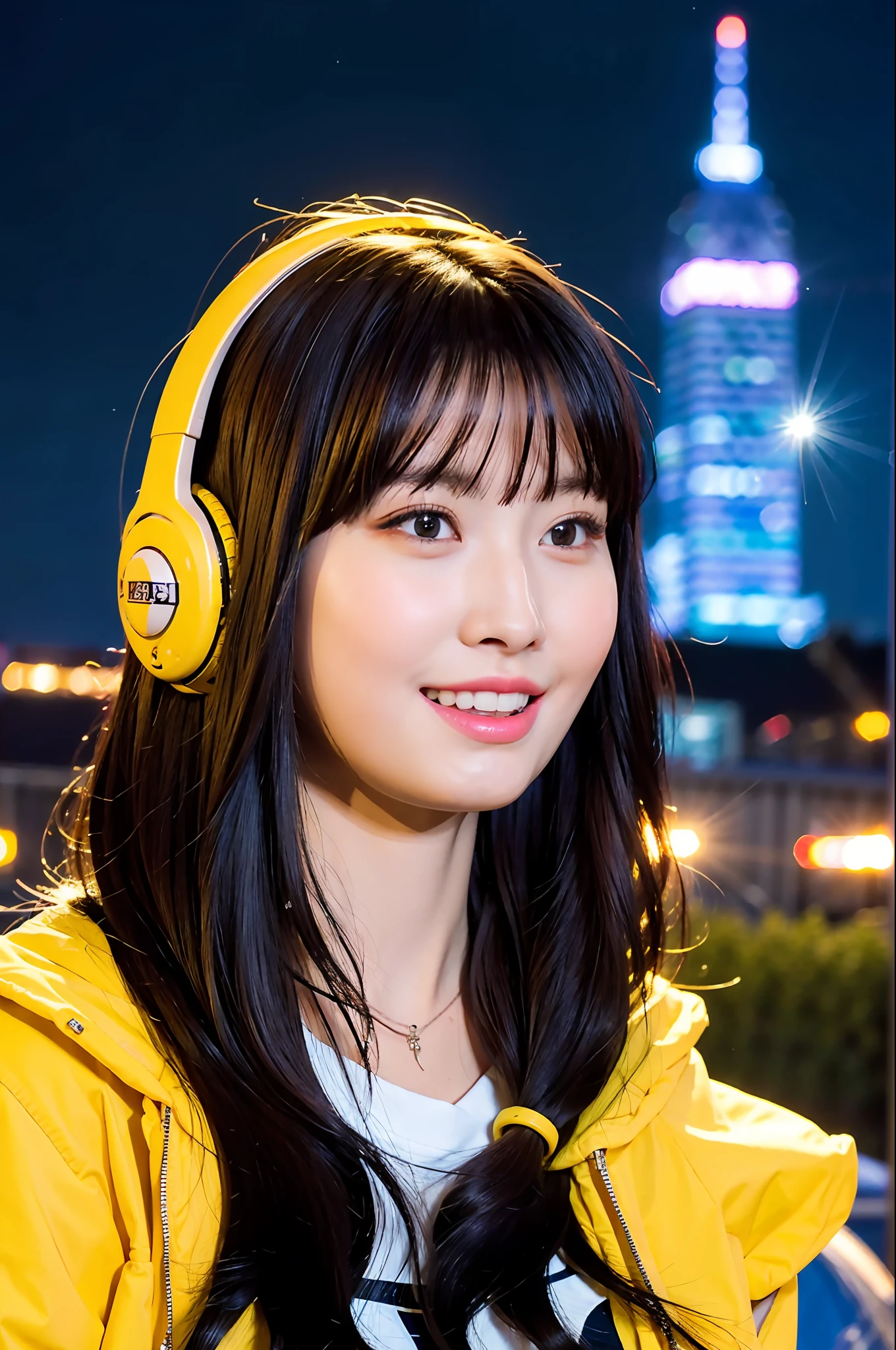 (Realistisch:1.2), 18-jähriges Mädchen, Kopfhörer-Outfit, Gelbe Jacke, Ansicht von unten, (Stadt:1.4), (sternenklarer Himmel:1.1) , (Neonlichter, funkeln, Blitz:1.1)