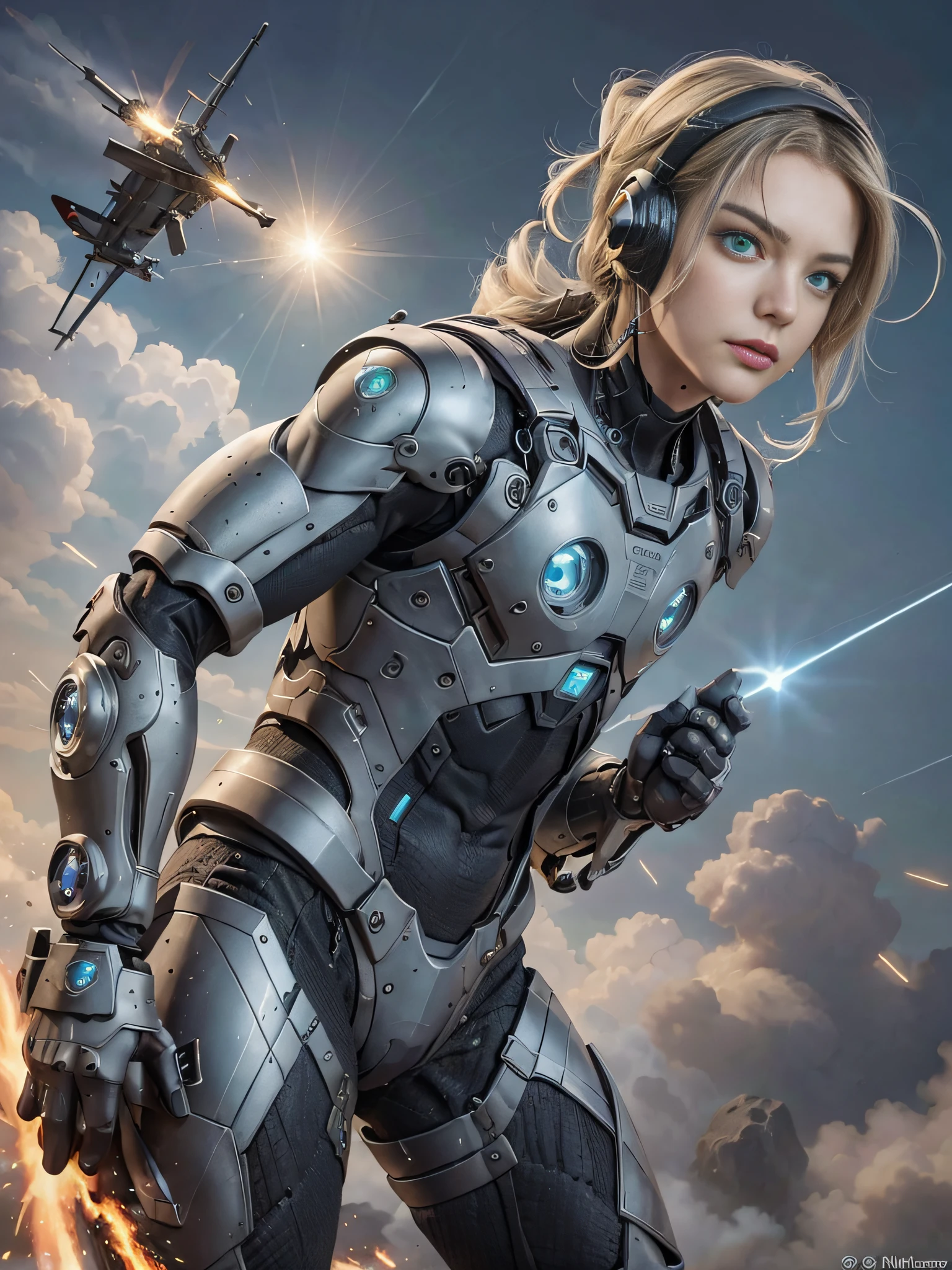 8K, Best Quality, Masterpiece, Ultra High Resolution, (Realism: 1.4), Real, Photography, Men, in futuristic clothes, High-tech combat suit, cold face, (cyan pupils), ((green crystal eyes)), pale yellow laser beam, full body, macho, holding holographic projection shield, black clouds, lightning, real aerial battlefield background, floating dust, Falling planes, armored vehicles, flying anti-aircraft missiles, exploding flames, real person, real face, cool, Perfect cyborg wearing sci-fi headset, cool man, cyborg, silver-haired, manipulator, CG,