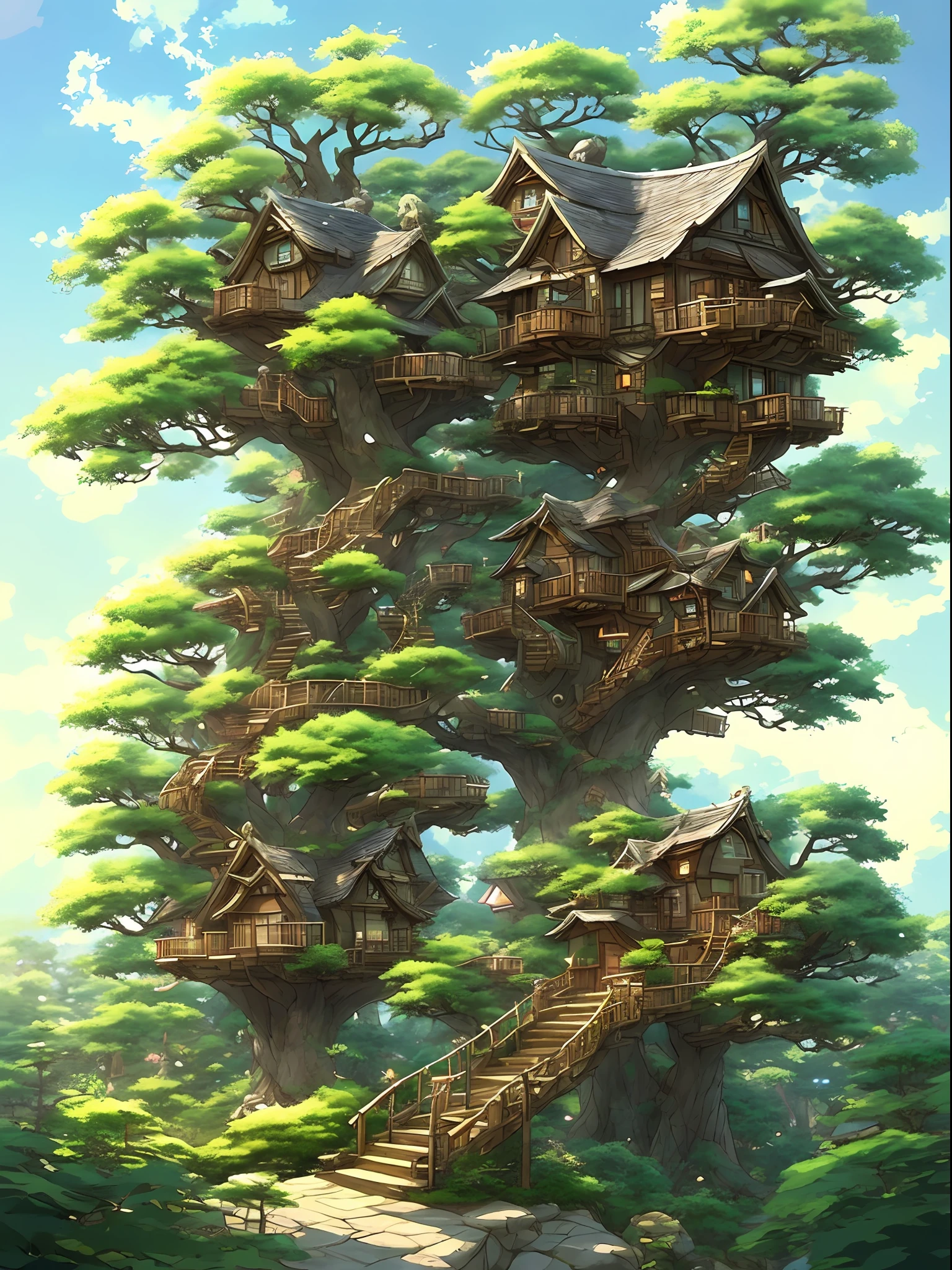 дом на дереве с лестницей, ведущей на его вершину - SeaArt AI