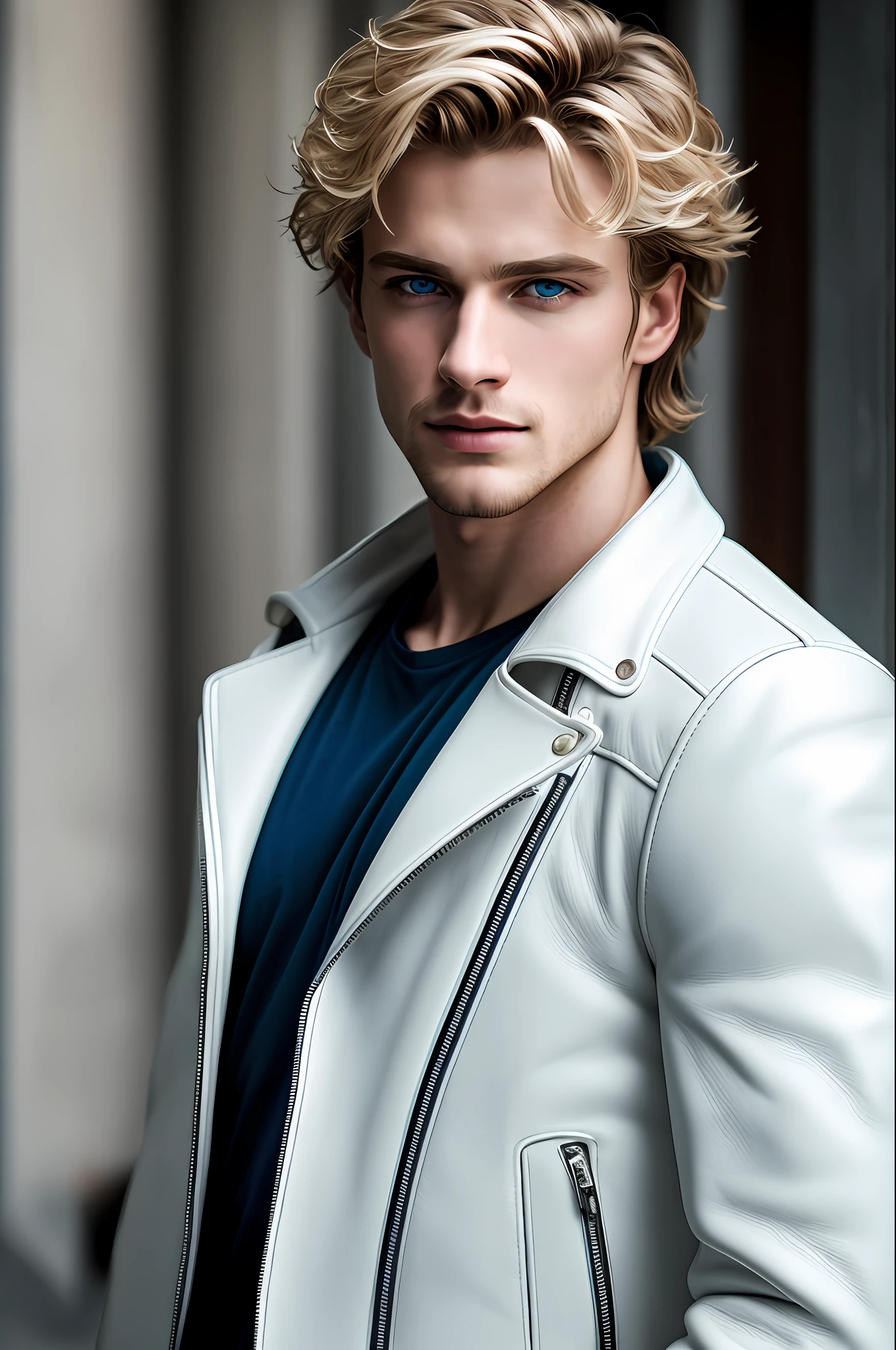 masterpiece, highest quality, RAW, style, A stunning half-body portrait of a handsome man, light hair, pale skin, vibrant blue eyes, wearing white leather jacket, focused expression, (highly detailed skin, skin details), sharp focus, 8k UHD, DSLR, high quality, film grain, Fujifilm XT3, intricate details, highly detailed, cluttered and detailed background