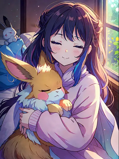 cute smol happy 1girl hugging her solo cute happy floofy (eevee)+ pokemon, warm lighting, loving, cozy bedroom, colorful, (eyes ...