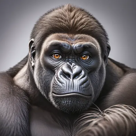 Create a hyper-realistic portrait of a majestic gorilla, capturing every intricate detail of its features and expressions. The image should be in high definition (HD) with an astonishing 8K resolution, allowing for incredible clarity and lifelike textures....