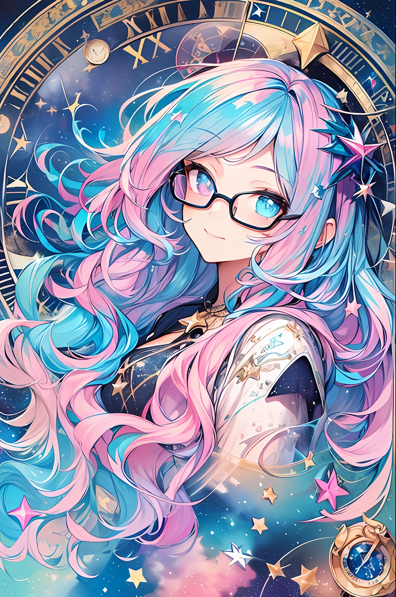 (Masterpiece, Highest Quality, Best Quality, Watercolor Art (Pendant), Official Art, Beautiful and Aesthetic, (1.3), (1 Girl: 1.3), (Fractal Art: 1.3), Full Body, Star-shaped Pupil, , Pattern, ((iridescent hair, colorful hair, half blue and half pink hair: 1.2)), Aqua, Liquid, Cloud, Colorful, Starry Night, Star, Smile, Glasses, Writing, Heterochromia, (Colorful: 1.5), galaxy, looking up at the stars, clock, big clock