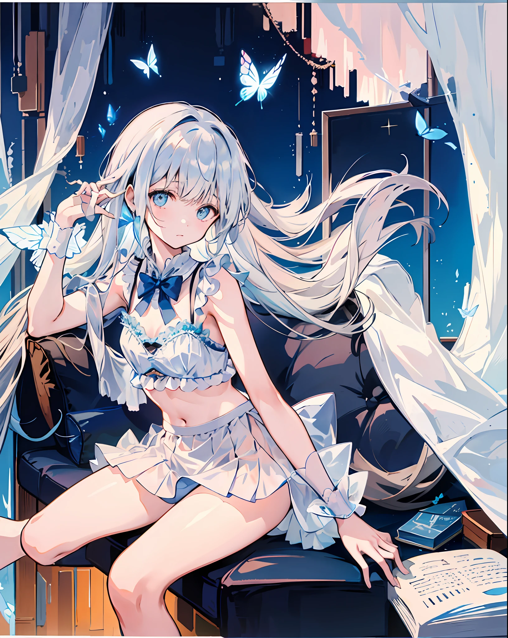 1girl, broken glass,(broken screen),atlantis,transparent glass, solo, long_hair, sitting, elegant, very_long_hair, butterfly, looking_at_viewer, navel, lingerie, white lingerie, blue_butterfly, miniskirt, transparent skirt, garter belt, see-through skirt, white panties, strap slip, slipping bra strap