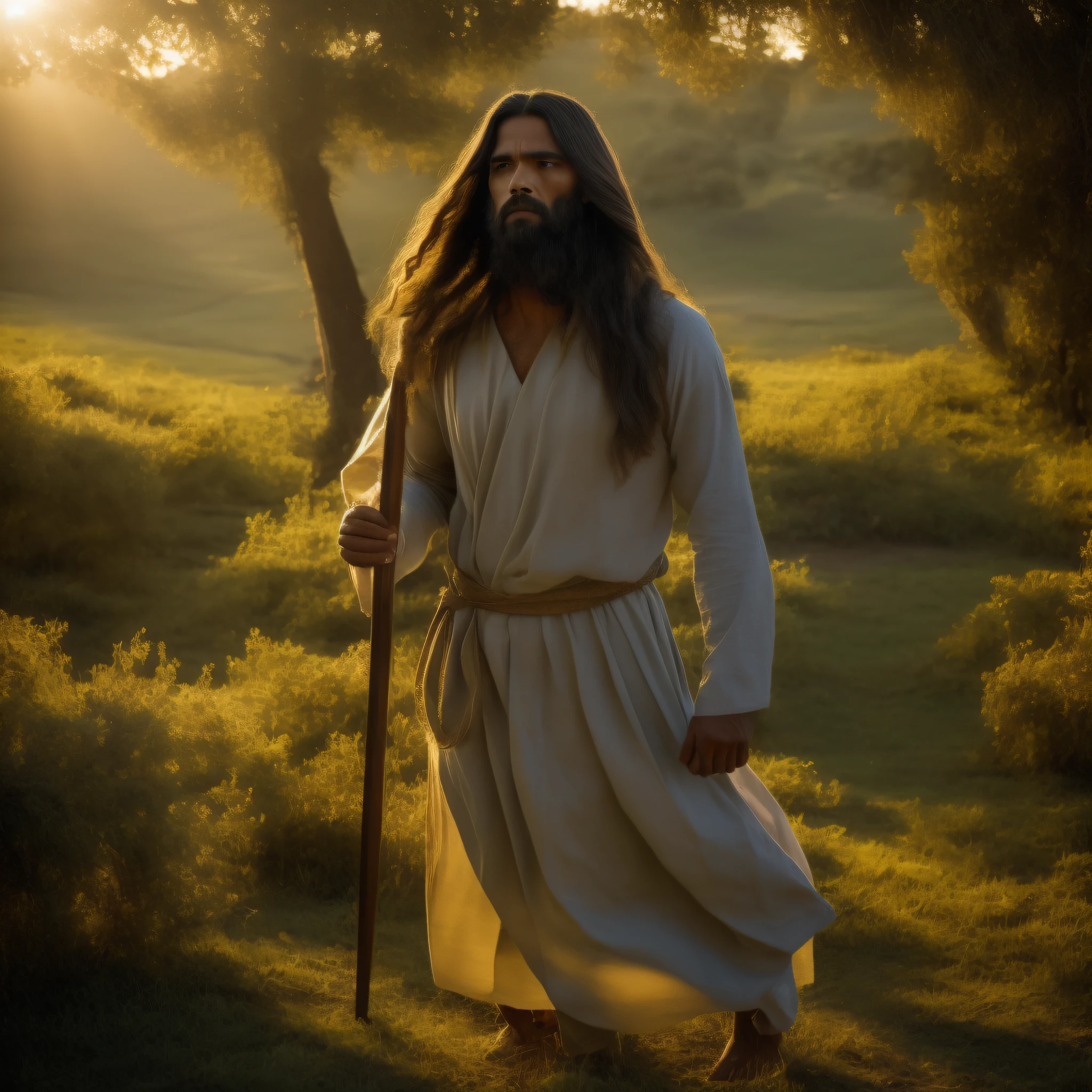 在图片中, 我们看到耶稣基督的详细描绘，这一场景让人回想起他的时代. 他穿着长, 简单的束腰外衣, 采用纹理面料制成，色调朴实. 他的头发和胡须很长，略带波浪, 展现他的男子气概和智慧.

他的眼睛深邃而富有同情心, 体现出神圣的宁静. 耶稣的目光传达了对所有人类无条件的爱和同情.

在他的手中, 他手持一根木雕权杖, 象征着他作为羊群牧羊人的角色. 在他后面, 一片翠绿的田野延伸开来, 点缀着野花和天然植物，代表着上帝的创造.

围绕耶稣, 有来自不同背景和社会条件的人. 有些弯腰驼背, 寻求安慰和指导, 而其他人则站着, 惊奇而充满希望地看着他. 他们的面部表情各异, 展现耶稣在每个人心中唤起的不同情感.

阳光柔和地照耀着整个场景, 营造宁静、温馨的氛围. 在背景中, 可以看到丘陵和丘陵, 让人想起耶稣居住过的地区的风景.