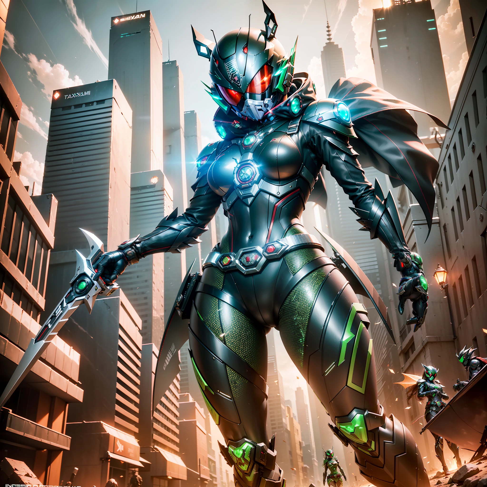 (highest quality)), (masterpiece)), (details: 1.4), 3D, 1girl, full-body image, five-fingered, two-armed, two-legged, no weapon in hand, ((Female Kamen Rider image)), image of a woman in a black flying locust-style cyber battlesuit, (((Add Kamen Rider's stainless steel mechanical belt at the waist)), (( Decoration of two V-shaped tactile blade antennas on the forehead of the helmet)), ((Image of a female Kamen Rider)), (full-face helmet inspired by flying locusts covering the head),(( Guard armor at the mouth of mechanical split details in stainless steel material)), (Deep green stalwart mechanical bust armor),(Red Cyborg Eyes lit red), HDR (High Dynamic Range), Ray Tracing, NVIDIA RTX, Super Resolution, Unreal 5, Subsurface Scattering, PBR texturing, post-processing, Anisotropic filtering, depth of field, maximum clarity and sharpness, multi-layered textures, albedo and specular maps, surface shading, accurate simulation of light-material interactions, slender body, perfect proportions, sharp eyeliner, (full body)), sharp focus, two-tone lighting, wide aperture, low ISO, White Balance, Third Rule, 8K RAW, Circuit Board AI, 4k, Fog, Night City Background, ((Don't Hold Weapons))