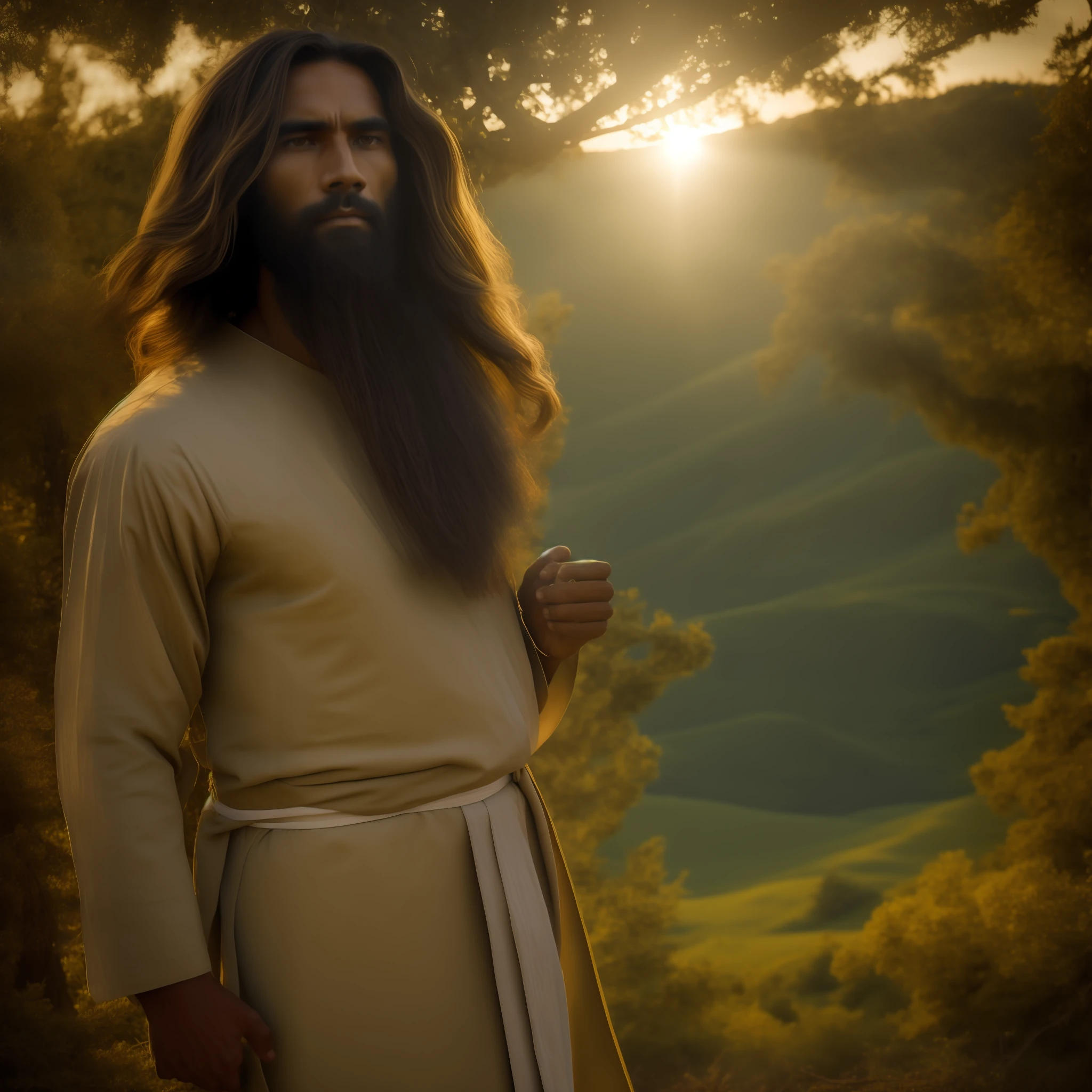 In the image, we see Jesus Christ portrayed in rich detail in a scene that harkens back to his time. He is dressed in a long, simple tunic, made of textured fabric and in earthy tones. His hair and beard are long and slightly wavy, demonstrating his masculinity and wisdom.

His eyes are deep and compassionate, reflecting a divine serenity. Jesus' gaze conveys unconditional love and compassion for all human beings.

In His hands, He holds a carved wooden staff, symbolizing His role as shepherd of the flock. Behind him, a verdant field stretches out, dotted with wildflowers and natural plants that represent God's creation.

Around Jesus, there are people from different backgrounds and social conditions. Some are hunched over, seeking comfort and guidance, while others are standing, looking at him with wonder and hope. Their facial expressions vary, showing the diversity of emotions that Jesus awakens in each one.

Sunlight shines softly over the scene, creating a serene and welcoming atmosphere. In the background, hills and hills can be seen, which evoke the landscape of the region in which Jesus lived.
