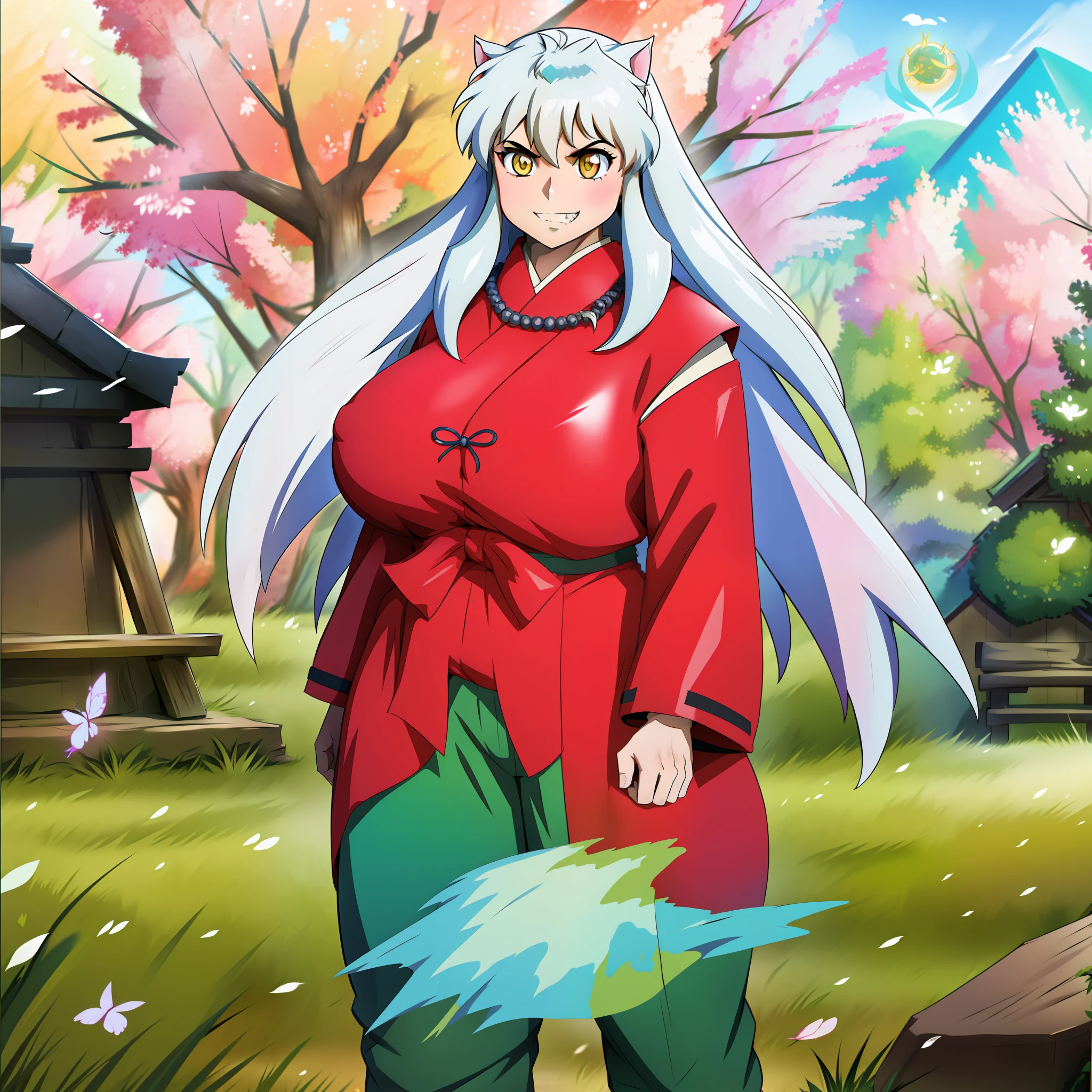 Anime character in red and green outfit standing in front of a tree -  SeaArt AI