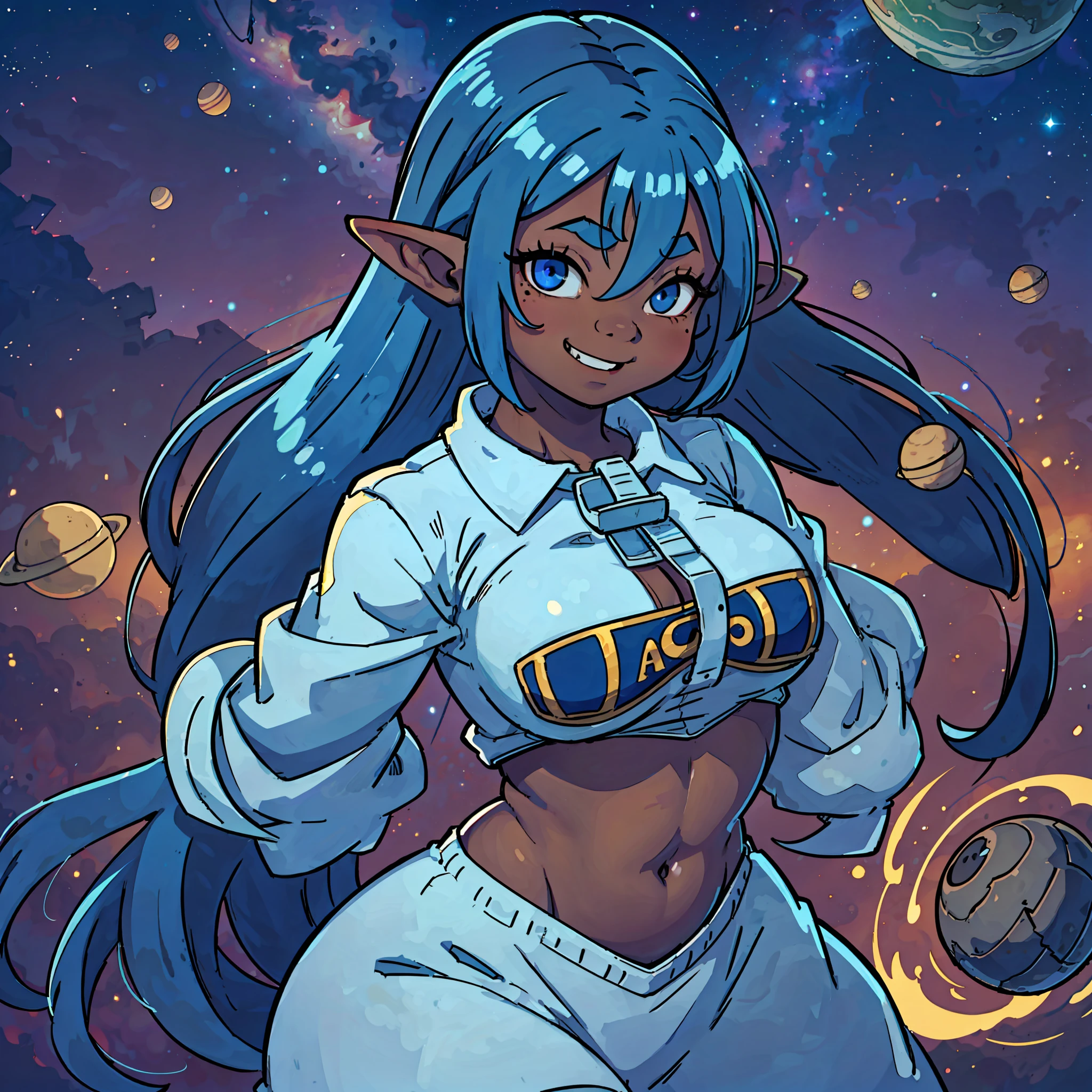 goblin girl, blue hair, very long hair, dark_ skin, dark skin goblin, very dark skin girl natural huge breasts, hair between eyes, twintails, chubby, chubby girl, chubby girl goblin, wide hips, blue eyes, mole, mole on chest, age up, lips, big lips, thick eyebrows, body with fur, tusk, short girl, short goblin girl twintails, short girl, highly detailed, high quality, best quality, 8k, full body, fat, fat girl, smile, space, universe, galaxy, star, planet, astronomy, cosmic rays, supernova, deep space, celestial body, cosmic dress,