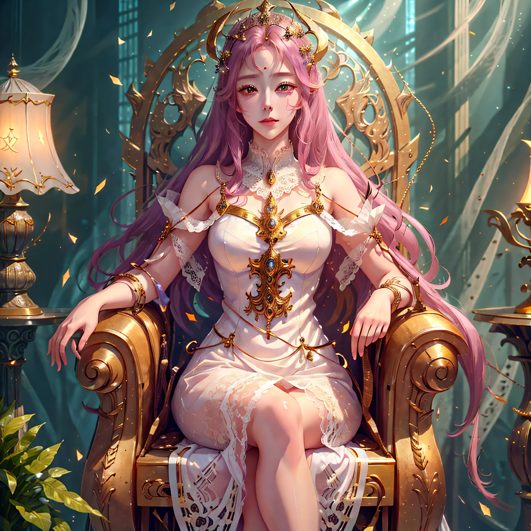 Little Five est assis sur le trône avec une lampe, (Une belle reine fantastique), ((dans une robe en dentelle blanche))), et sur son trône, la déesse de l&#39;anime, est assis sur le trône doré, est assise sur son trône, La déesse. détail extrêmement élevé, 2.Oeuvre fantastique d&#39;anime CGI 5D, assis sur un trône complexe, Art détaillé 8K de haute qualité, belle et élégante reine démoniaque --auto --s2