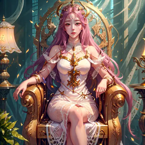 Little Five sits on the throne with a lamp, (a beautiful fantasy queen), ((in a white lace dress))), and on her throne, the anim...
