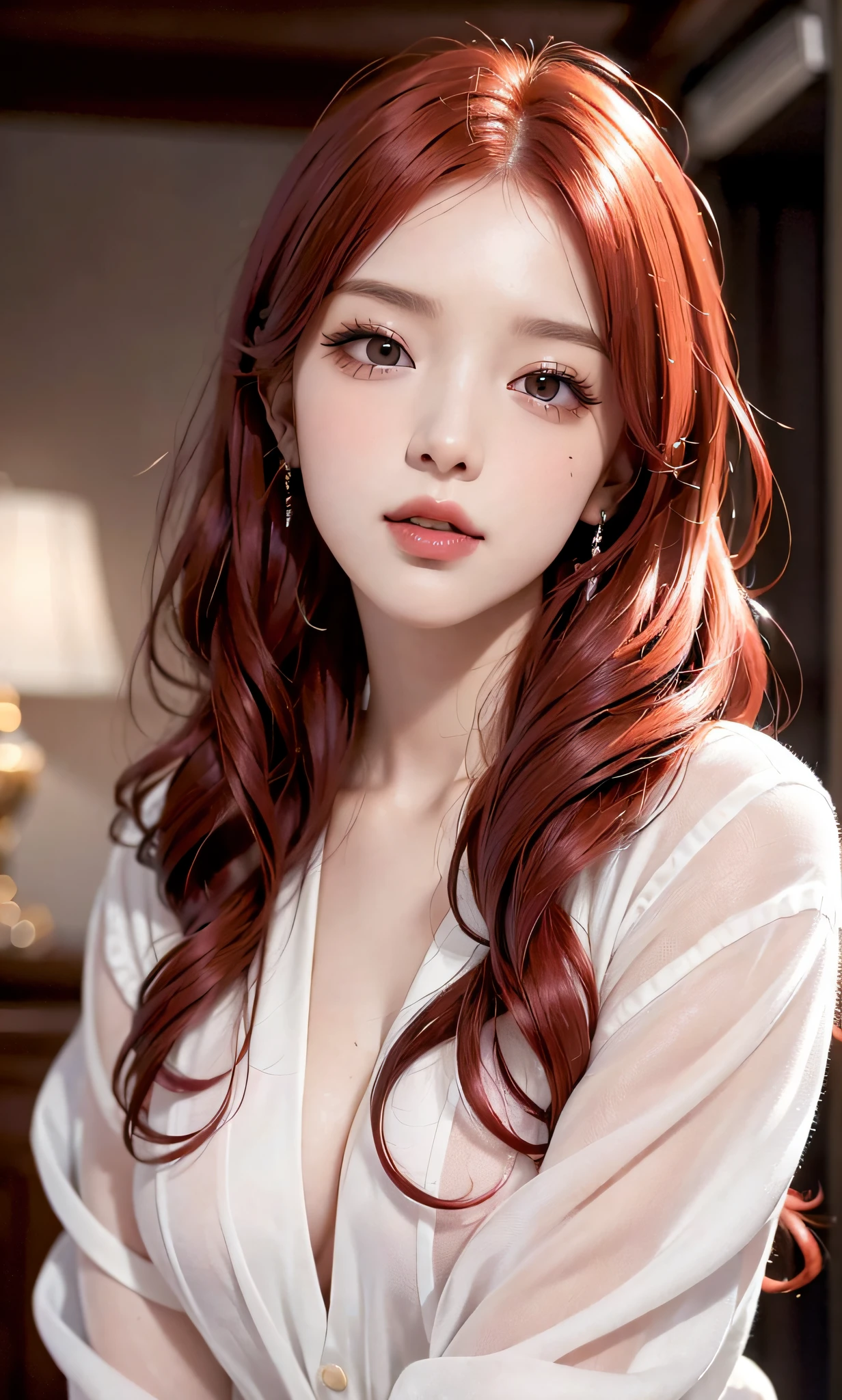 (8k, RAW photo, photorealistic:1.25) ,long red hair, ( lip gloss, eyelashes, glossy side, shiny skin, best quality, ultra-high resolution, depth of field, chromatic aberration, caustics, wide light, natural shadow, Kpop idol) Watch the audience with serenity and goddess-like happiness,