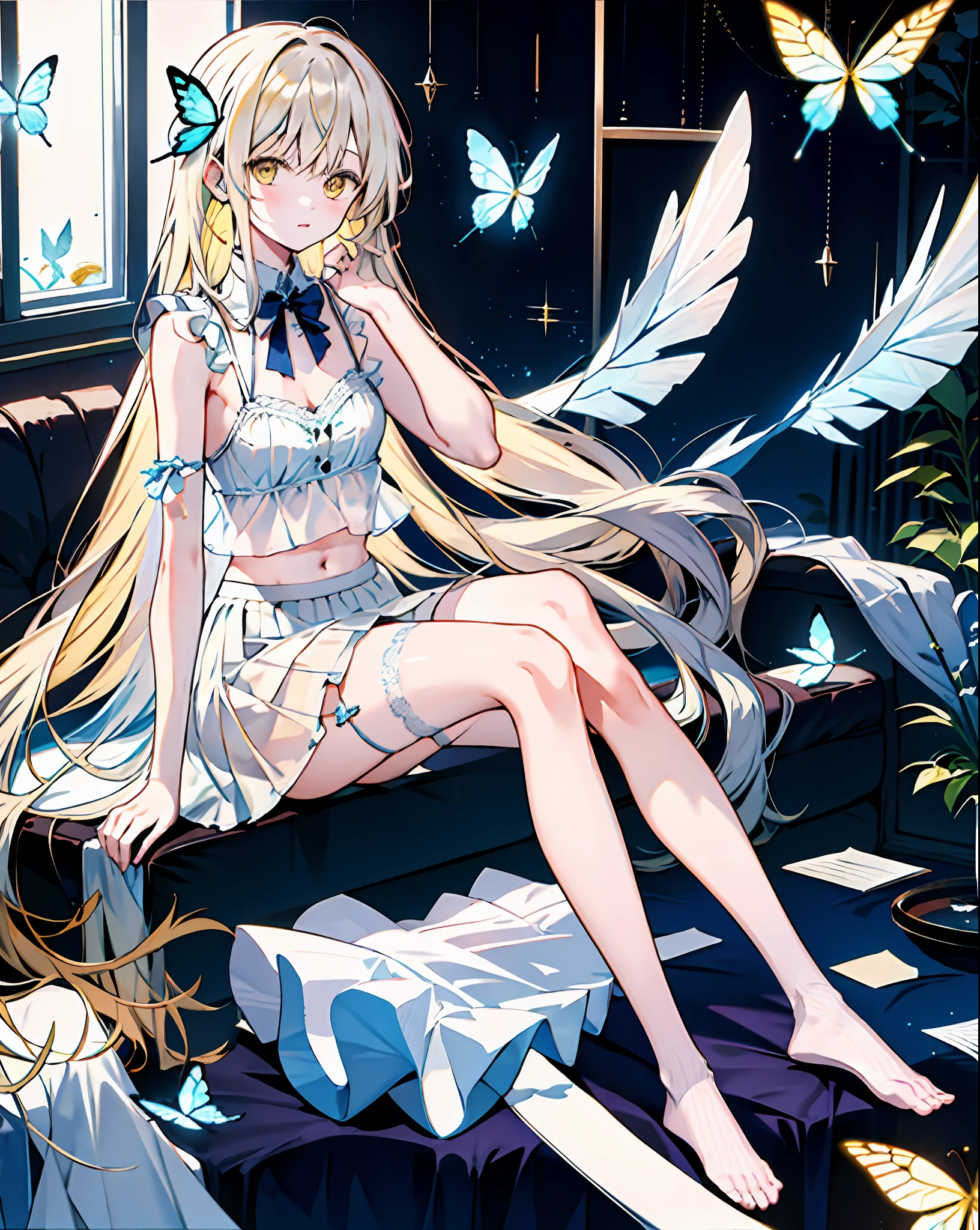 1girl, broken glass,(broken screen),atlantis,transparent glass, solo, long_hair, yellow eyes, yellow hair, sitting, elegant, very_long_hair, butterfly, looking_at_viewer, navel, lingerie, white lingerie, blue_butterfly, miniskirt, transparent skirt, garter belt, see-through skirt, white panties, strap slip, slipping bra strap from shoulders