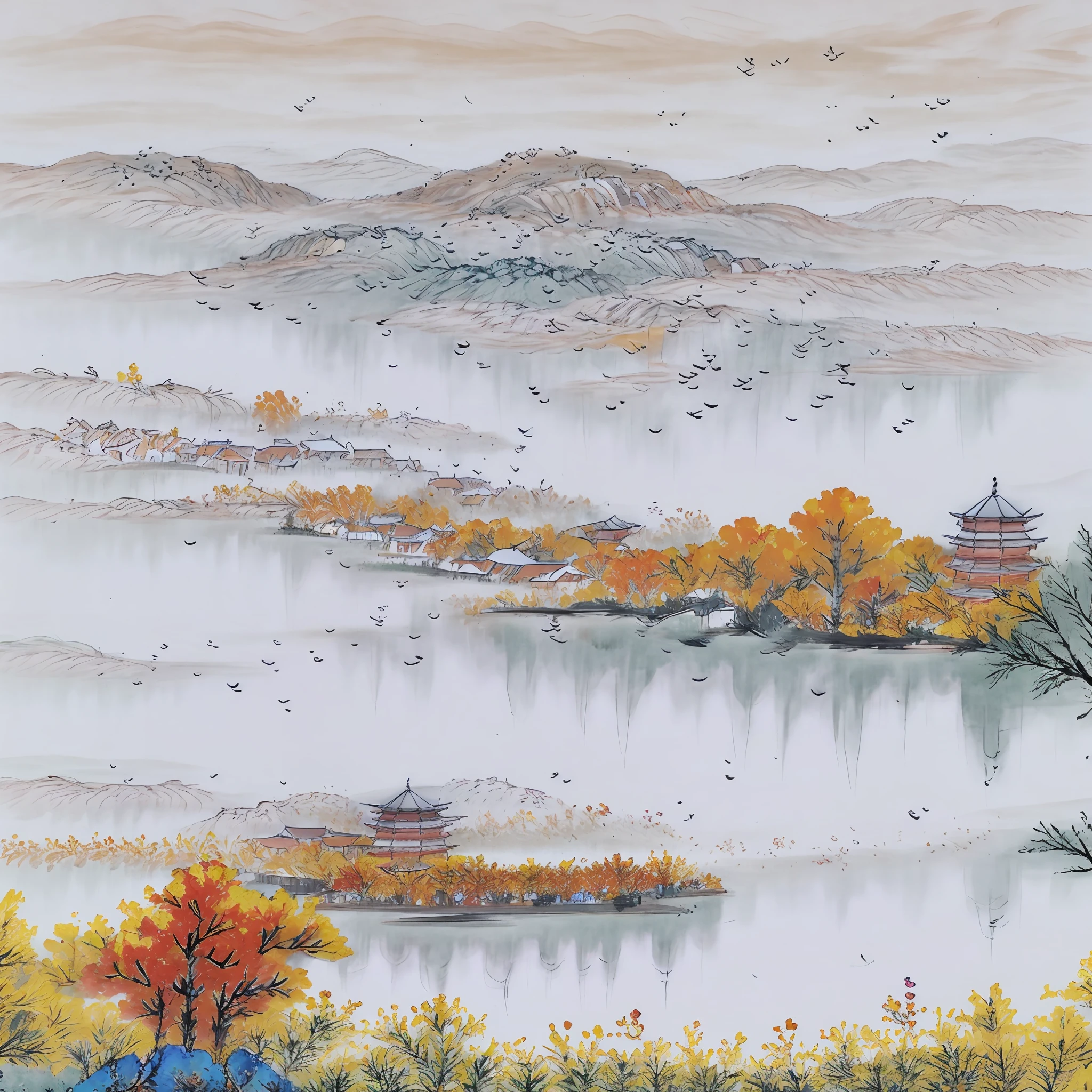 ((materpiece)), ((best quality)), ((high-res)), ((Ink wash)),  ((artist)), ((extremly details)), a chiniese tower, autumn, golden trees, autumn_leaves, birds chinese painting, leaf, maple_leaf, mountain, lake, mountainous_horizon, no_humans, outdoors, scenery, sky, sunset, tree, zulishisong_style_willow_tree, blurred distant scenery,