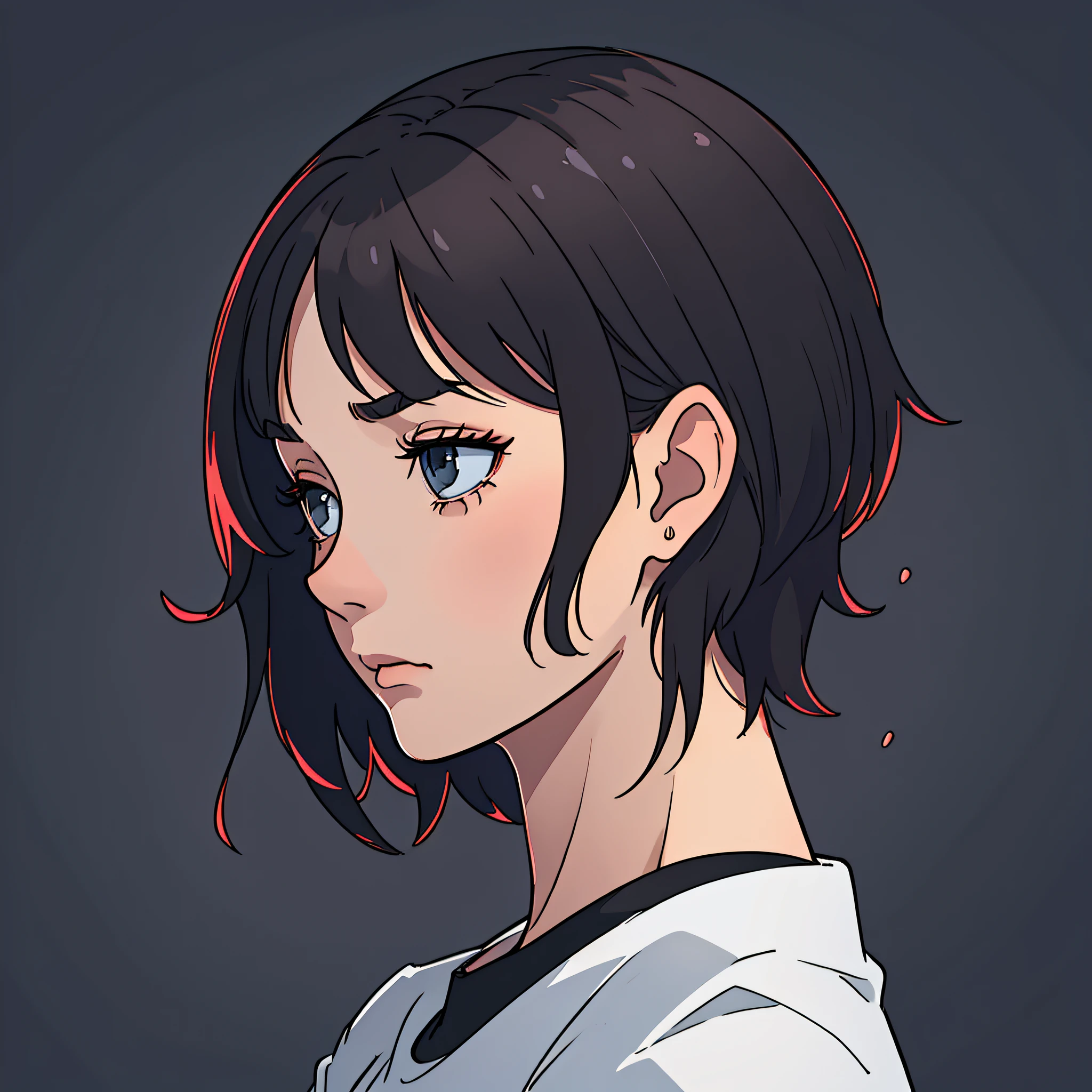 Beautiful girl, very detailed, clean, high-quality, sharp image, sad, depressed, cool colors, short hair, dark hair, black t-shirt, flat chest, close-up, profile picture, hopelessness, doom, sad atmosphere, simple background, good lighting, high quality