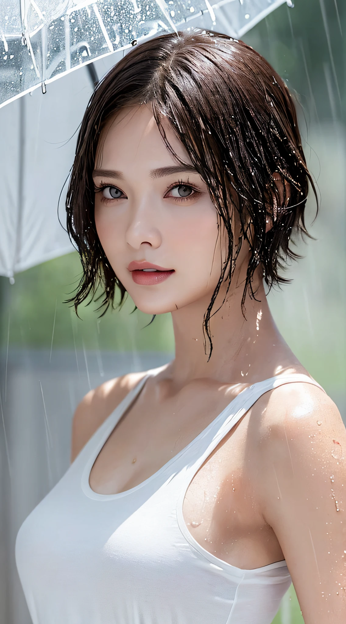(Top Quality, 4k, Masterpiece: 1.3), Beauty, 1 Girl, Sexy: 1.1, Dark Brown Hair: 1.1, (Wet Rain, Wet Body: 1.2), White Tank Top, Ultra Detailed Face, Detailed Lips, Detailed Eyes, Double Eyelids Short Hair Smile