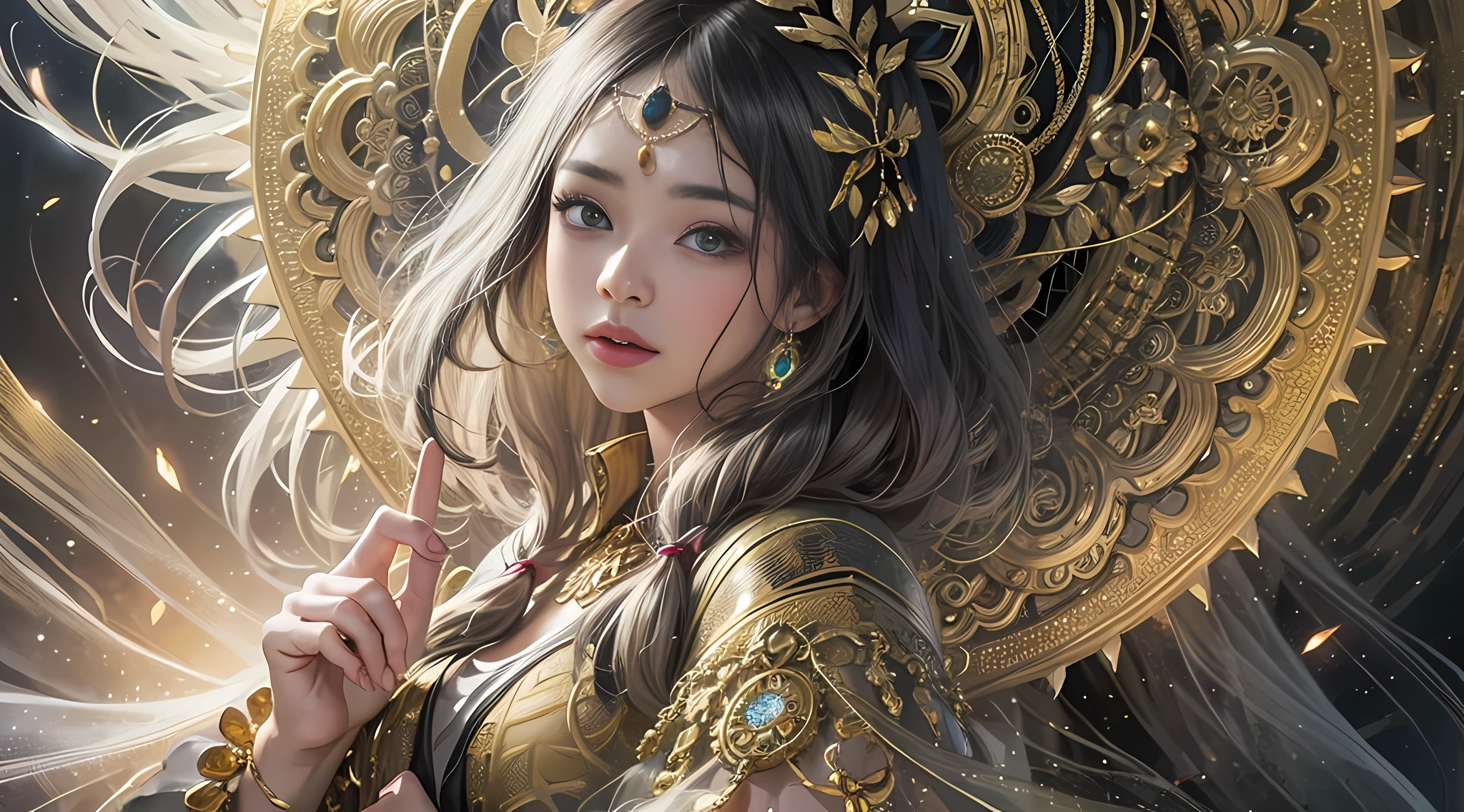 Perfect NwsjMajic, (Masterpiece, Top Quality, Best Quality, Official Art, Beauty and Aesthetics: 1.2), (1 Girl), Extremely Detailed, Colorful, Supreme Detail, Official Art, Unity 8k Wallpaper, Ultra Detailed, Beautiful and Aesthetic, Graceful, Holy Light, Gold Leaf, Gold Leaf Art, Shimmering Images, (Zentangle, Mandala, Tangled, Entangled). --auto --s2
