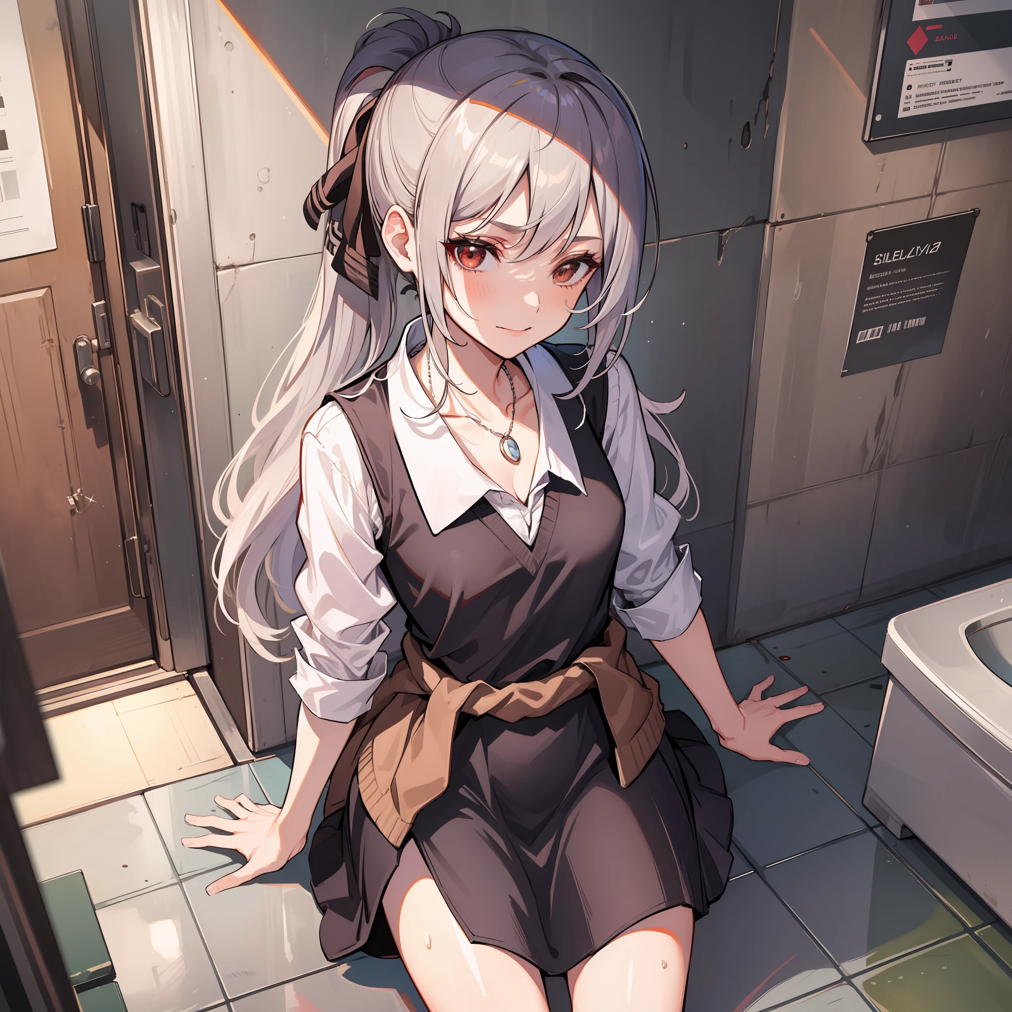 Anime girl sitting on the floor in a bathroom with a toilet - SeaArt AI