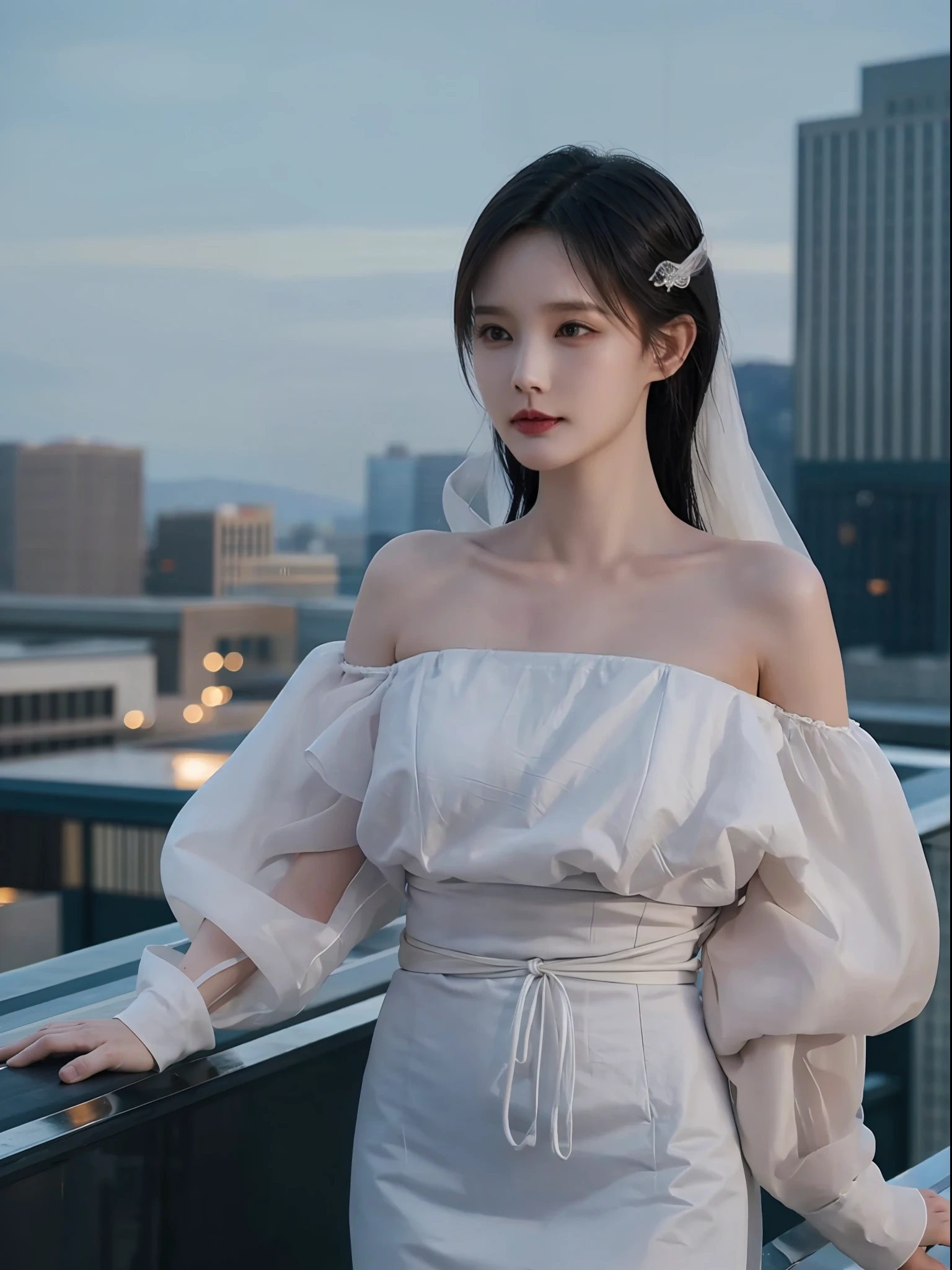 A woman stands on the rooftop，complete body，Clear and delicate facial features， Delicate eyes，of the best quality，Unlimited details，maximum quality，Highres，cinematic light