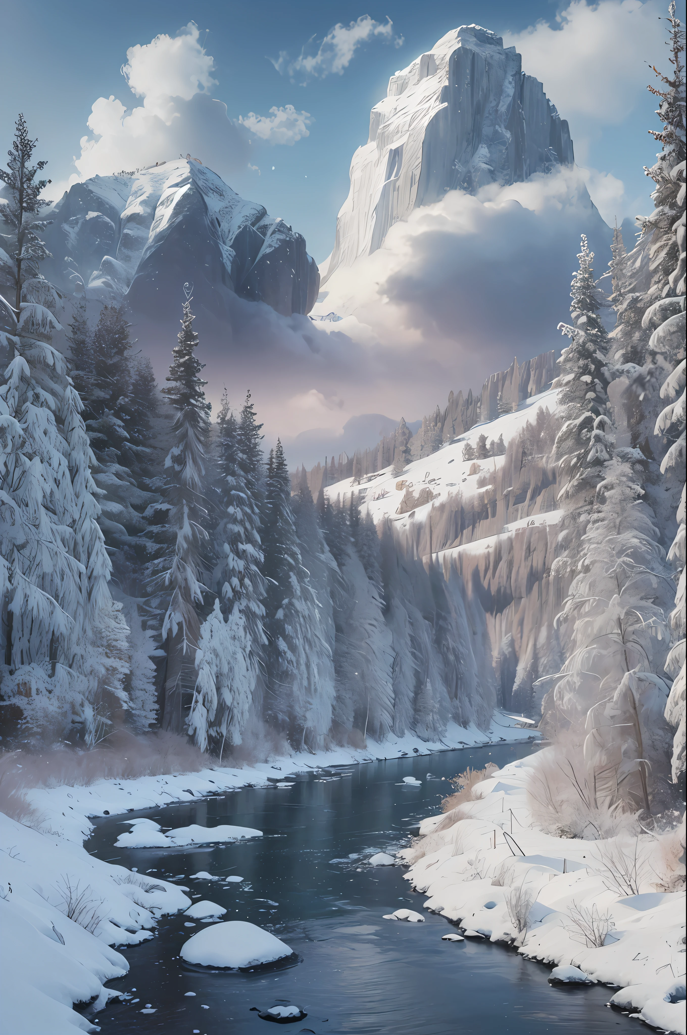 snowy landscape with a river and trees in the middle of it, winter scene fantasy, background artwork, snowy landscape, winter concept art, snowy environment, beautiful snowy landscape, snow landscape, snow landscape background, 4k highly detailed digital art, 8k high quality detailed art, cold snowy, surreal frozen landscape, winter landscape, mystic winter landscape, 4k hd matte digital painting --auto --s2
