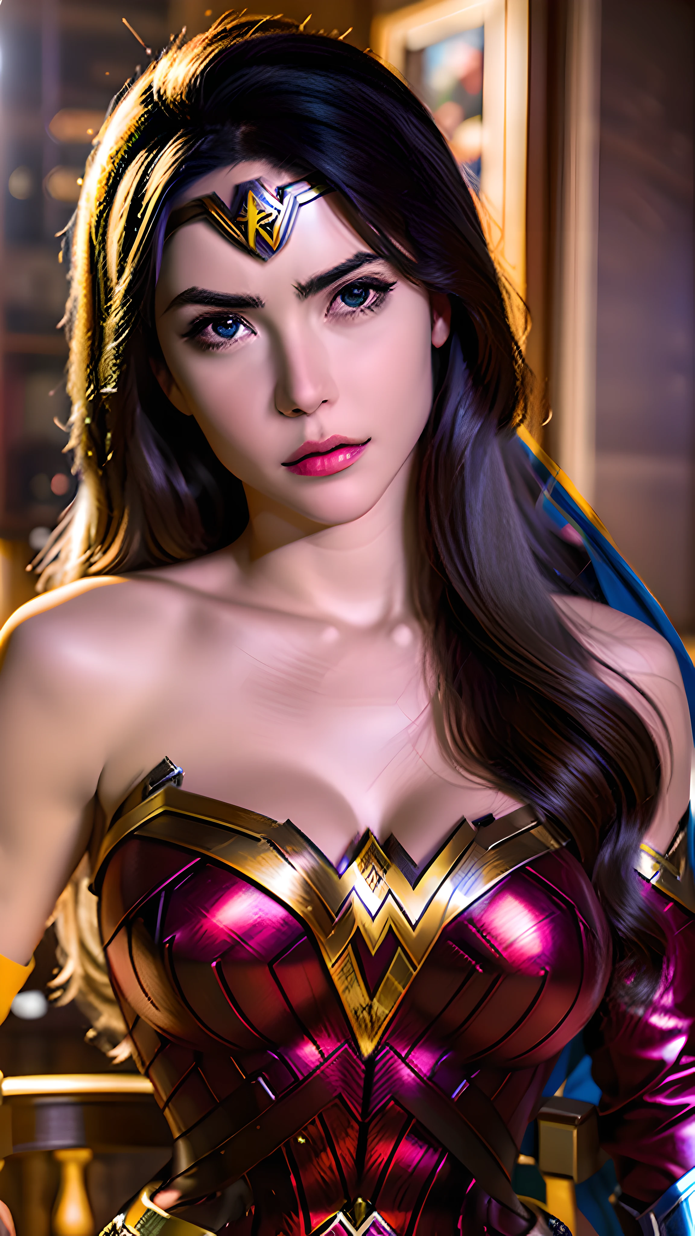(hyper realistic:1.4), photo portrait of  the wonder woman, colorful, realistic round eyes, dreamy magical atmosphere, superheroine costume,  (large breasts:1.3),