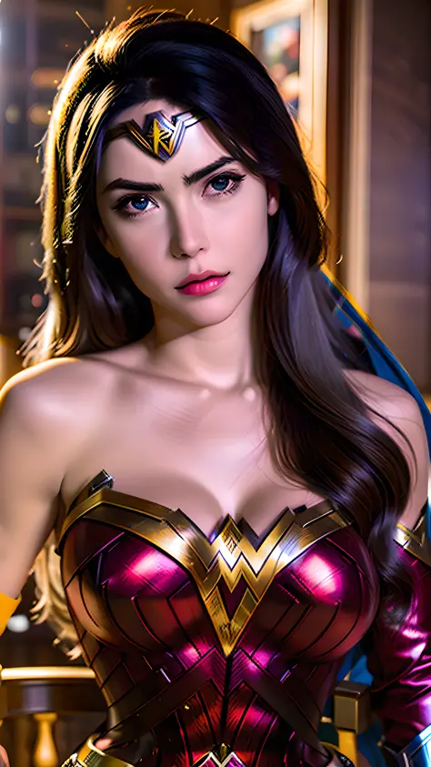 (hyper realistic:1.4), photo portrait of  the wonder woman, colorful, realistic round eyes, dreamy magical atmosphere, superhero...