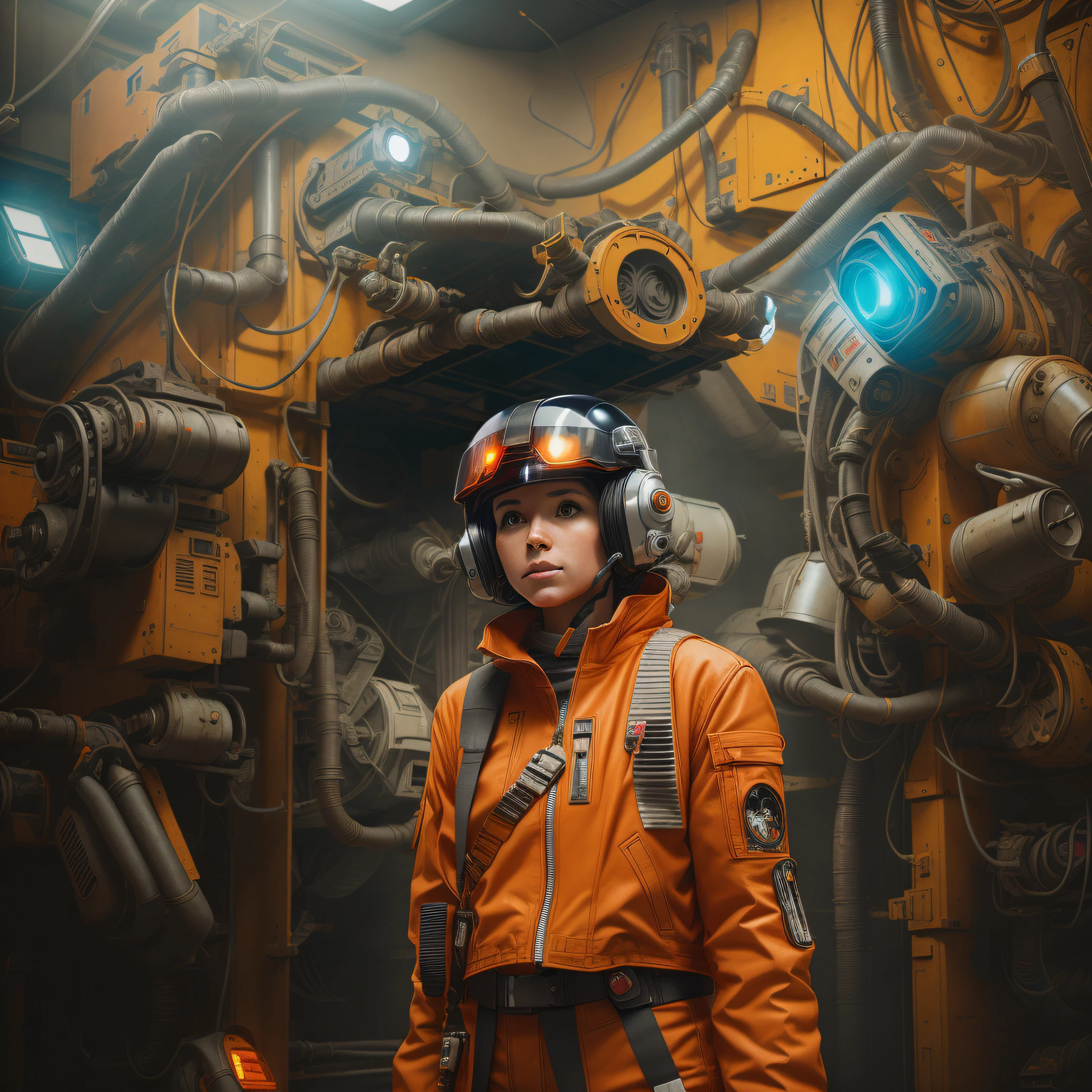 一名身穿橙色夾克、戴著頭盔的 X 翼女飛行員站在一個有很多機械的房間裡, 星際大戰藝術超寫實 8k, 电影般的感觉, 肖像未來派飛行員女孩, 風格混合的人, 夢幻賽博龐克女孩, 機甲網路裝甲的女孩, 肖像 美丽 科幻 女孩, 科幻電影