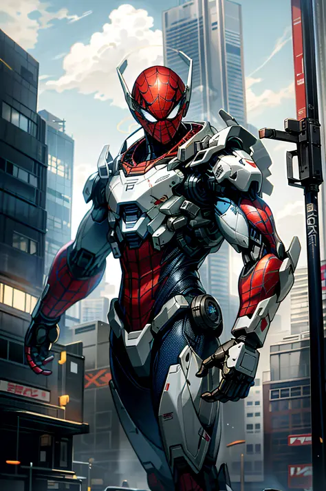 sky, cloud, holding_weapon, no_humans, glowing, , robot in spider man outfit , building, glowing_eyes, mecha, science_fiction, c...
