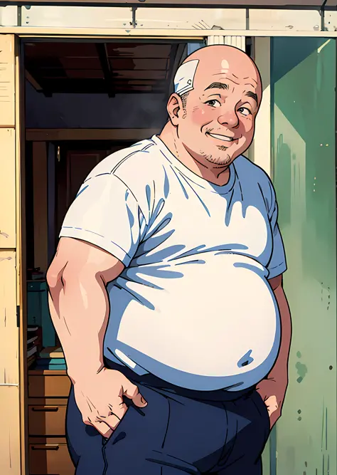 (1 man, bald, obese, middle-aged man, white shirt) with white panties on his head and lewd smile