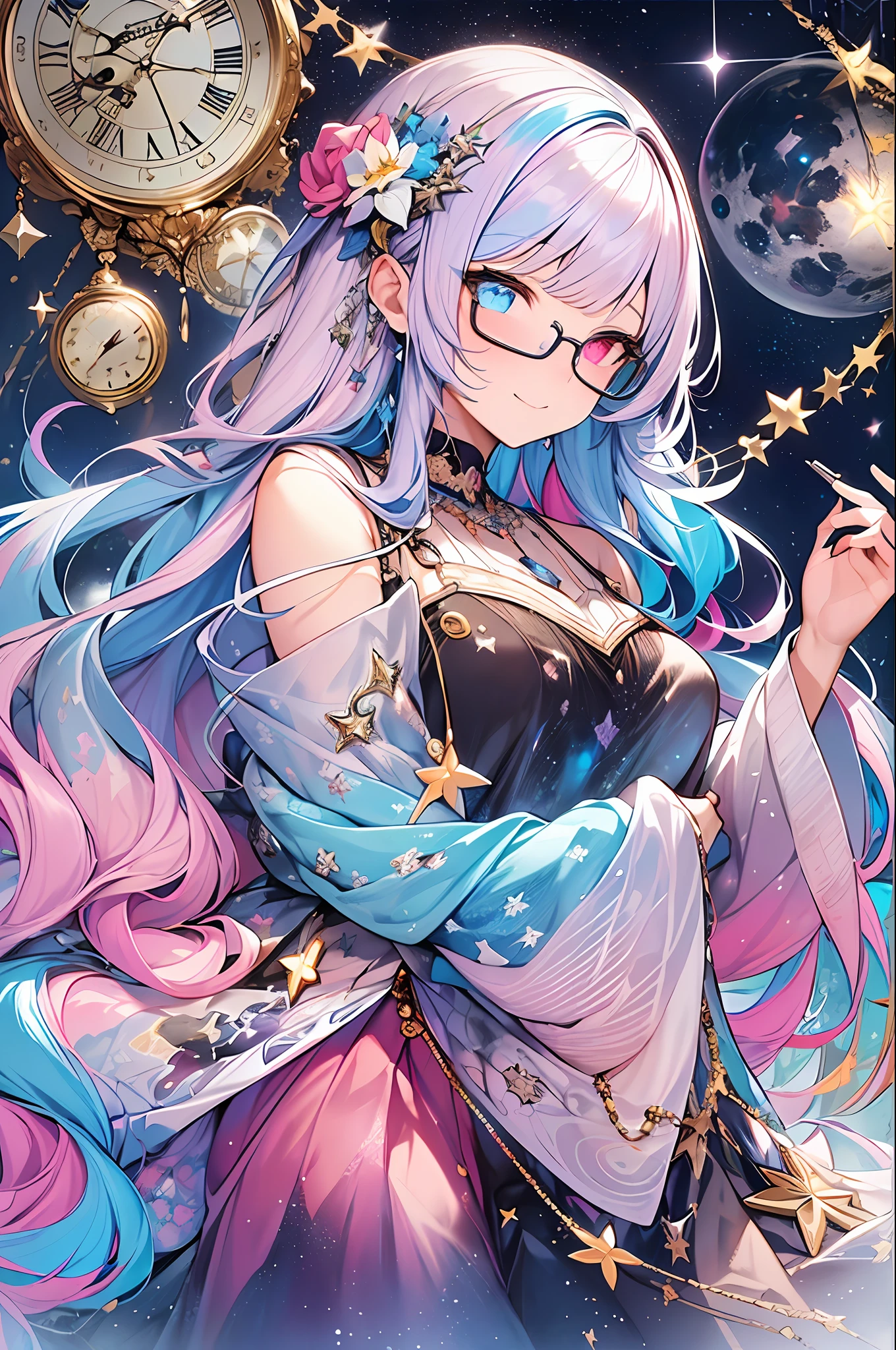 (masterpiece, highest quality, highest quality, watercolor art (pendant), official art, beautiful and aesthetic, (1.2), (1 girl: 1.3), (fractal art: 1.3), full body, star-shaped pupil, , pattern, ((iridescent hair, colorful hair, half blue and half pink hair: 1.2)), ((iridescent background)), liquid, cloud, colorful, moonlit, stars, smile, glasses, writing, heterochromia, ( Colorful: 1.5), galaxy, stars, clock, big clock,