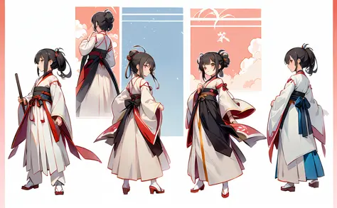 Anime character of a woman wearing Hanfu ancient Chinese costume, cloth shoes, three views (front, side view, back view), 1 girl, unified costume, simple background ((white background: 1.5))) wearing long and fluent clothes, beautiful anime character desig...
