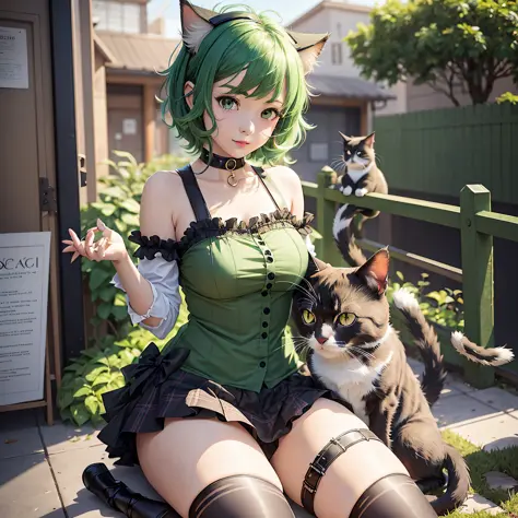 There is a woman in a green dress sitting on the ground with a cat, attractive cat girl, very beautiful cat girl anime, beautifu...