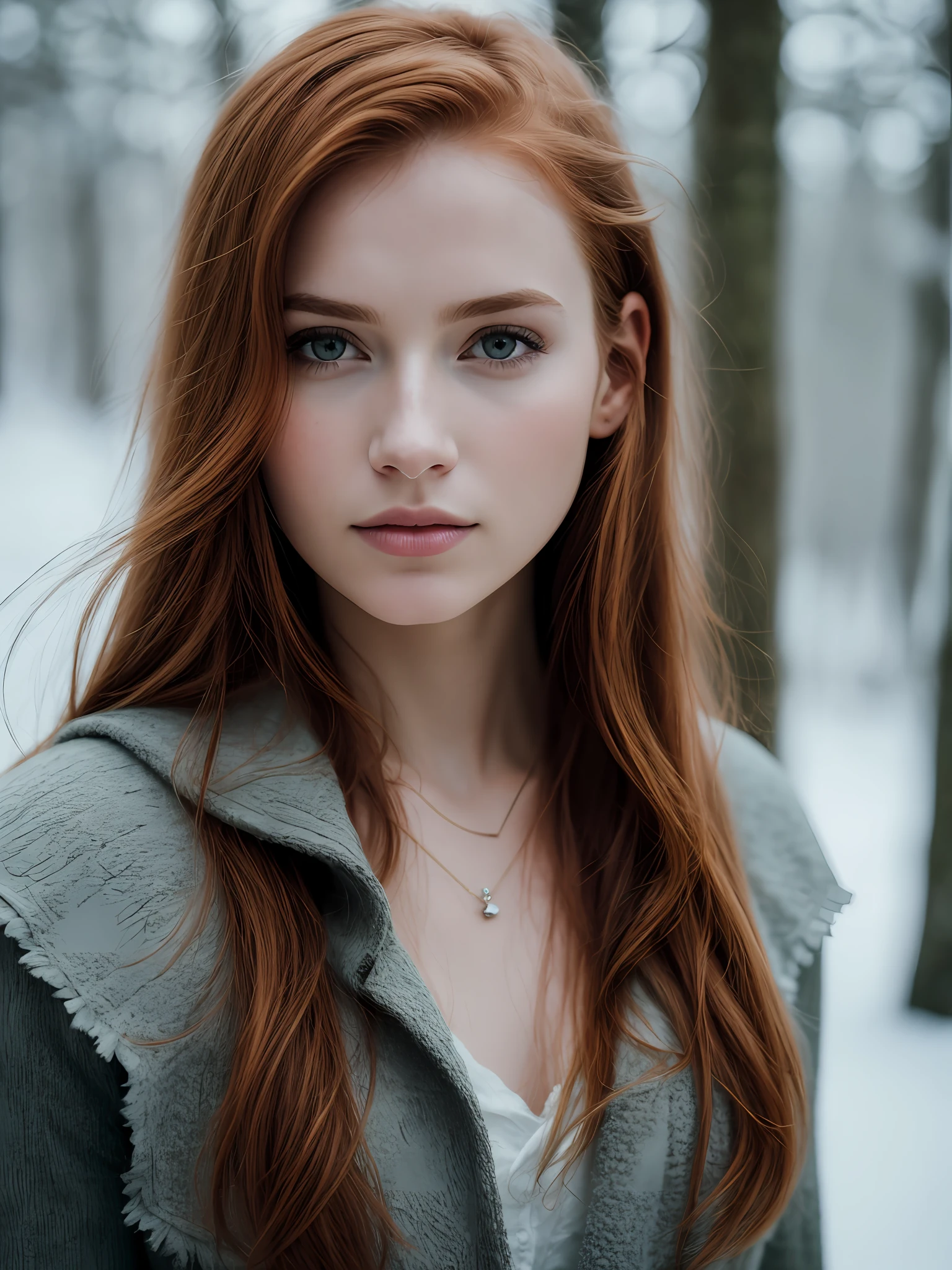 close up of a european woman, ginger hair, winter forest, natural skin texture, 24mm, 4k textures, soft cinematic light, RAW photo, photorealism, photorealistic, intricate, elegant, highly detailed, sharp focus, ((((cinematic look)))), soothing tones, insane details, intricate details, hyperdetailed, low contrast, soft cinematic light, dim colors, exposure blend, hdr, faded