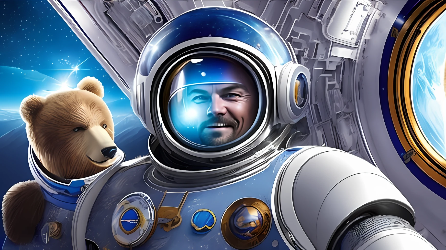 /imagine: A hyper-realistic image depicting Leonardo DiCaprio in space, smiling as he floats in zero gravity. By his side is a robotic bear, observing his movement with curiosity. Leonardo is dressed in a futuristic space suit, equipped with all the intricate details and technologies required for space exploration. His face radiates joy and fascination, while his hair gently floats around him. The space environment surrounding him is breathtaking, with bright stars and colorful nebulas filling the backdrop. The sunlight reflected on Leonardo's helmet visor creates a stunning effect, accentuating his facial features and captivating expression. The robotic bear is portrayed with incredible detail, featuring shiny metallic textures and realistic articulations. Its presence adds an element of surprise and wonder to the scene, showcasing the fusion between technology and space exploration. The sensation of zero gravity is portrayed accurately, with objects floating around Leonardo and the sense of freedom that comes with weightlessness. The image is captured in high resolution (8k), allowing each detail, from facial expressions to the small intricacies of the space suit and robotic bear, to be viewed with utmost clarity. This hyper-realistic image conveys the joy of space exploration and the wonder of a unique encounter between Leonardo DiCaprio and a robotic bear in an otherworldly setting. /imagine: Leonardo DiCaprio in space, smiling and floating in zero gravity alongside a robotic bear in a hyper-realistic image. --auto --s2