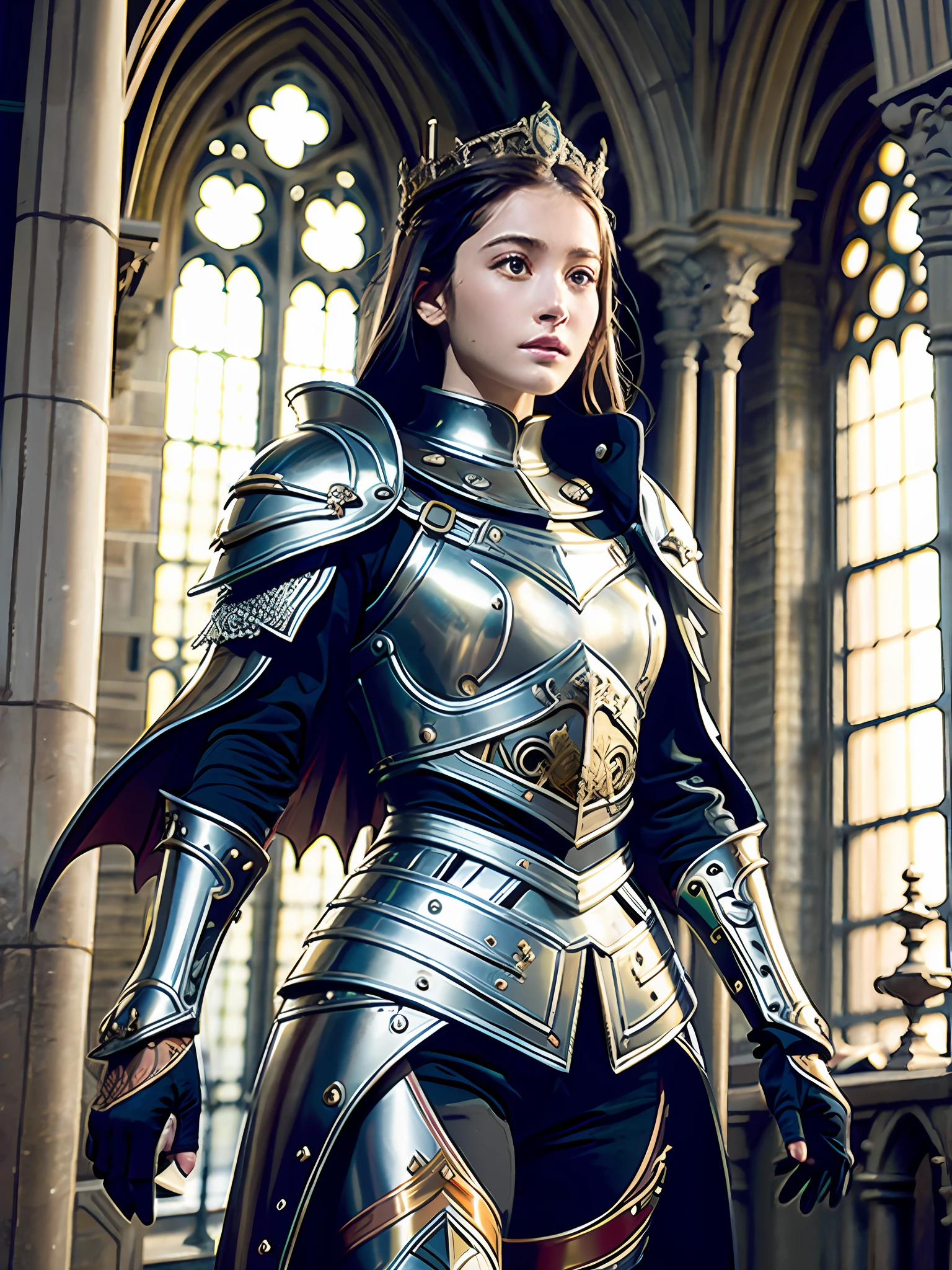 A girl in medieval armor, 4k, (masterpiece, top quality, best quality, official art, beautiful and aesthetic:1.2), (1girl), serious, wings behind, ancient cathedral, glass window, front view, soft light, front, delicate facial features, long hair